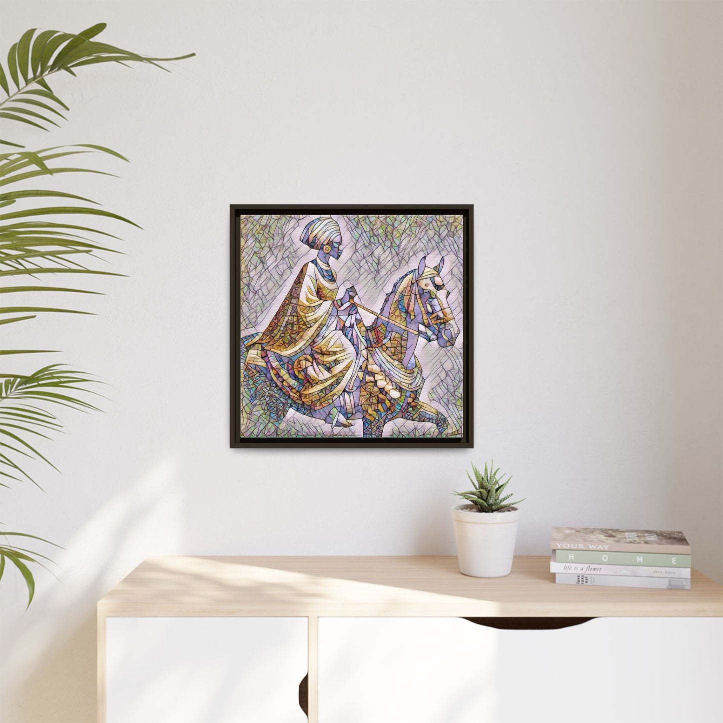 Mosaic Rider Framed Canvas Art — African Horsewoman Wall Decor
