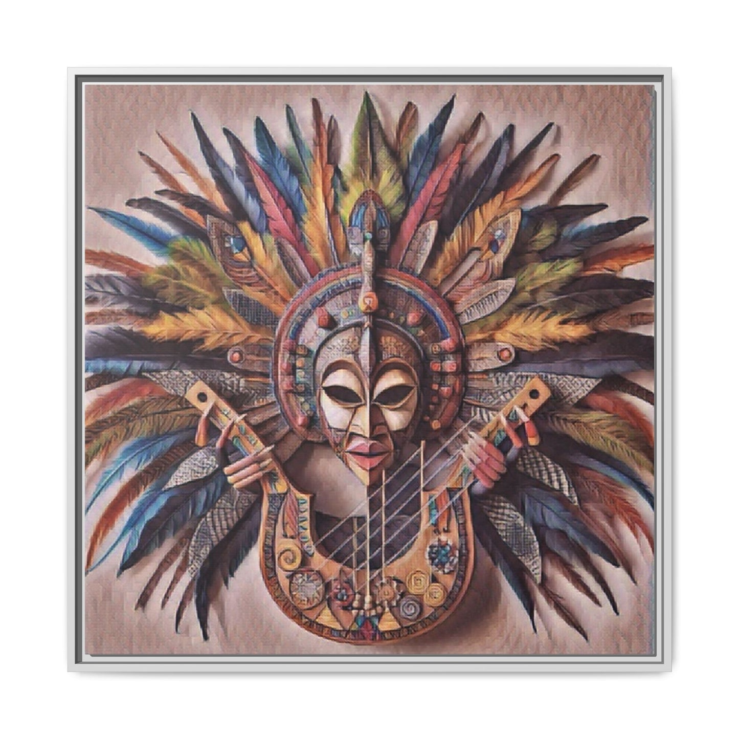 Tribal Feather Mask Guitar Framed Canvas Art — Colorful Boho Wall Decor