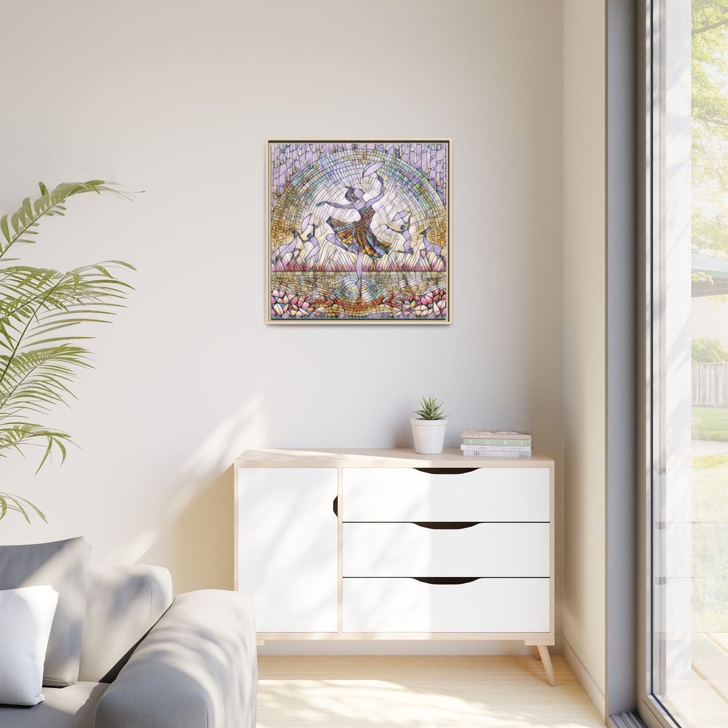 Stained Glass Ballerina Framed Canvas Art — Dancer Mosaic Wall Decor