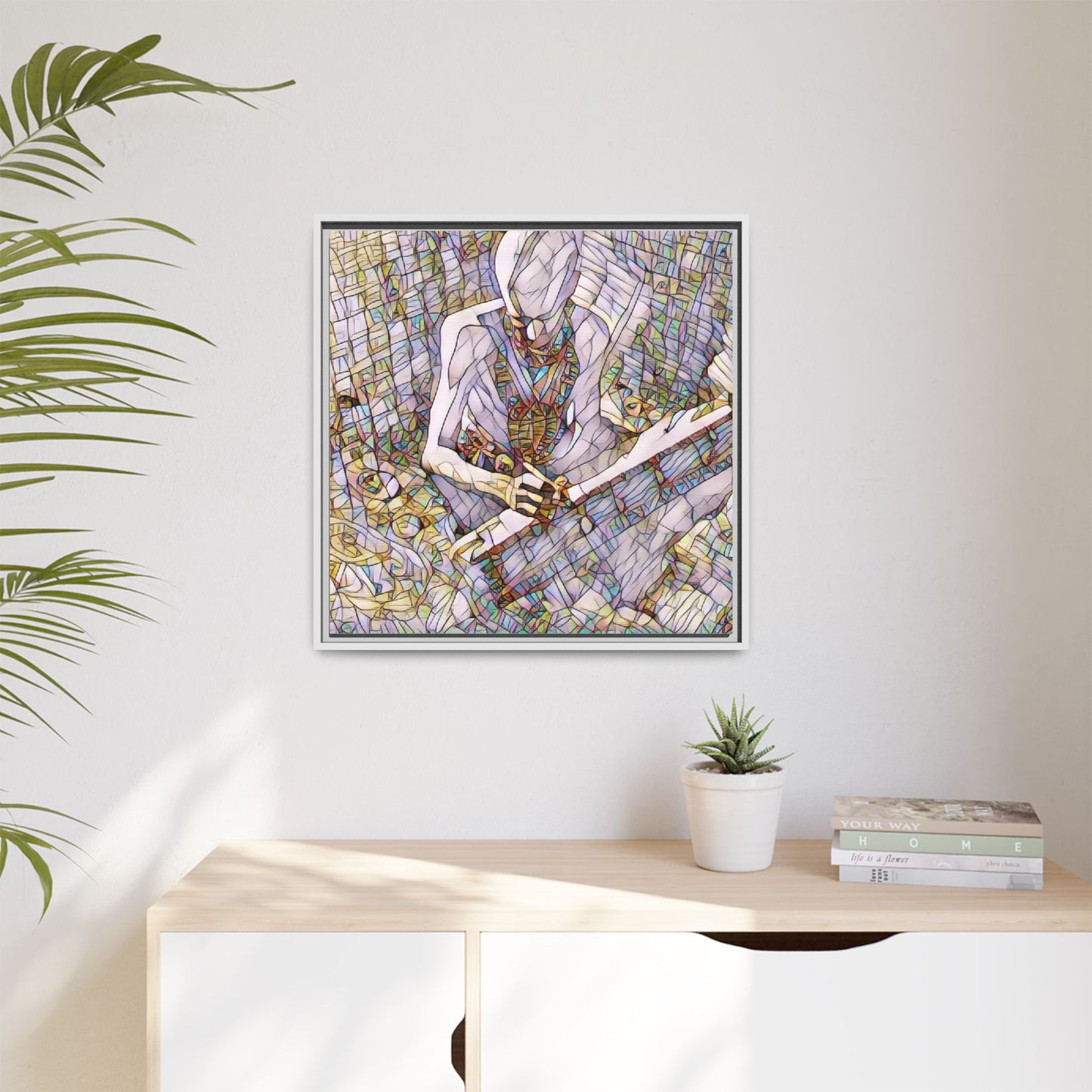 Abstract Fantasy Warrior Matte Framed Canvas — Colorful Stained-Glass Style Art