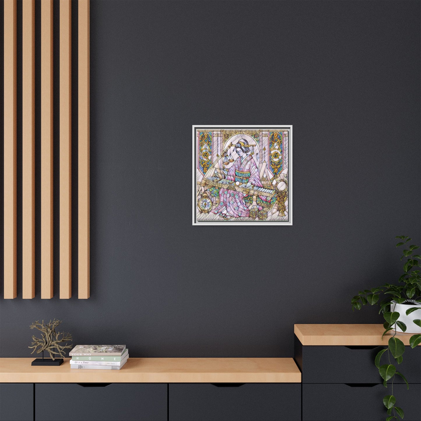 Framed Matte Canvas — Geisha Harp Stained-Glass Art Print