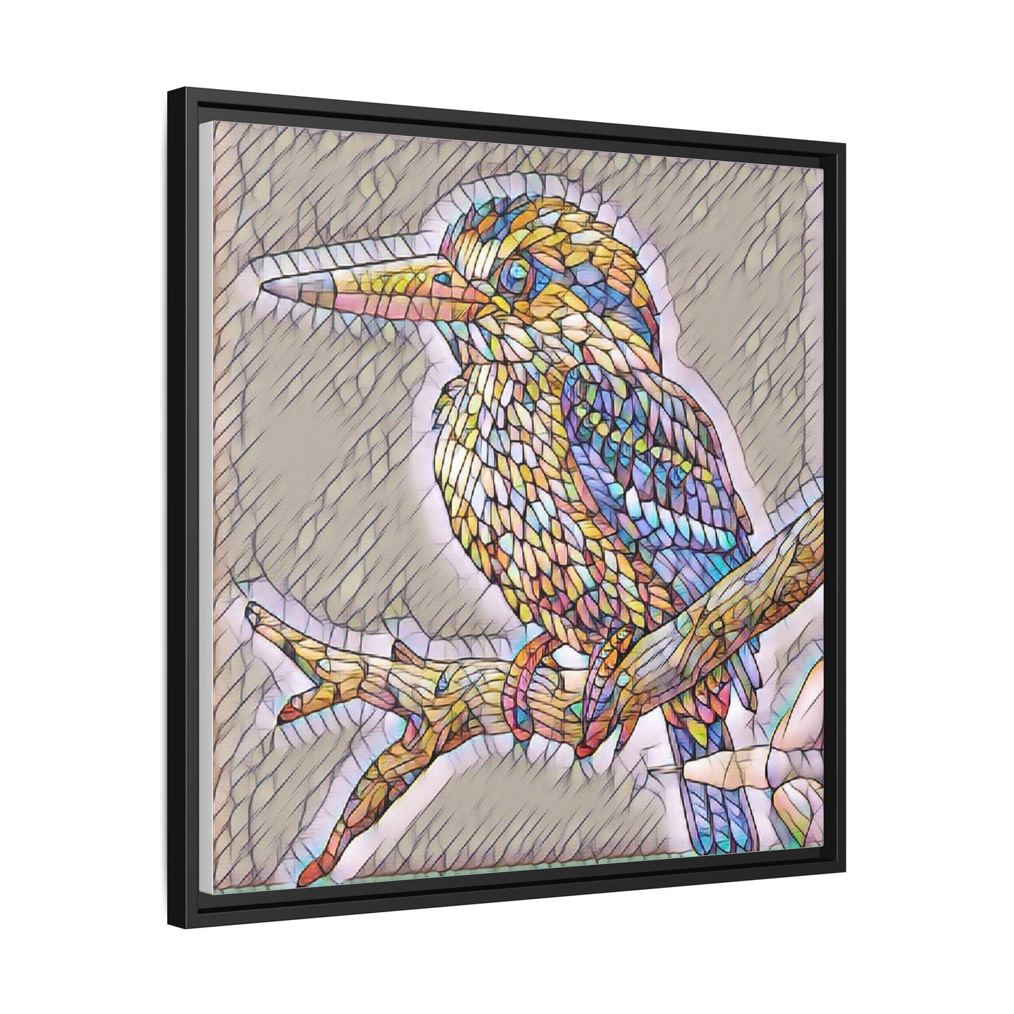 Colorful Kingfisher Framed Canvas Wall Art — Stained-Glass Style Bird Print