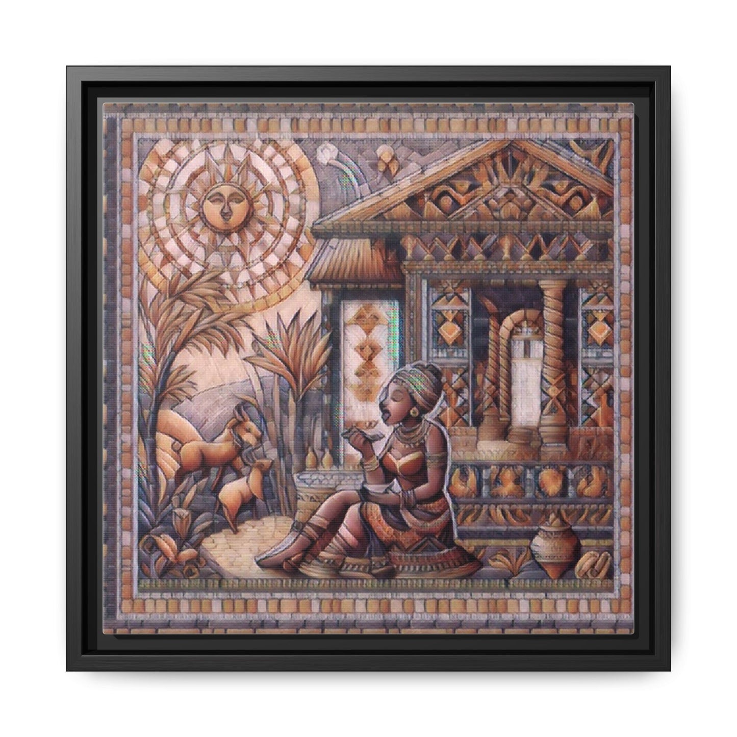 Egyptian Goddess Mosaic Framed Canvas Art — Colorful Ancient Ritual Wall Decor