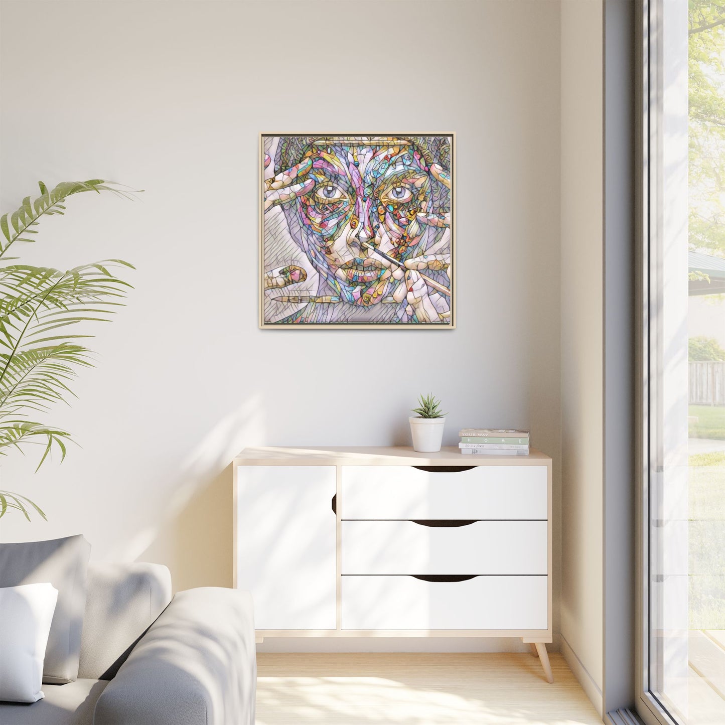 Framed Abstract Mosaic Face Canvas — Colorful Modern Wall Art