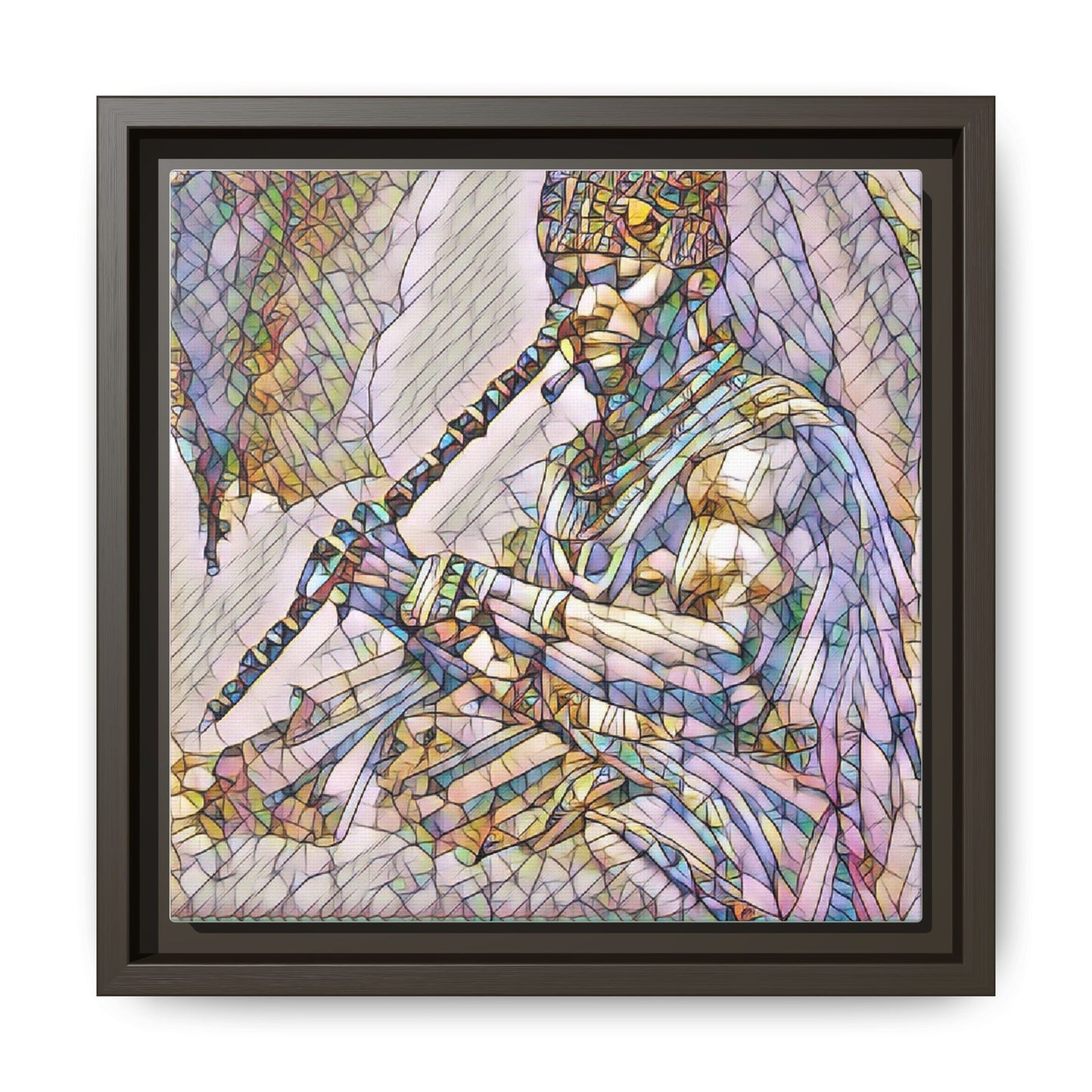 Tribal Flute Musician Stained-Glass Framed Canvas Art