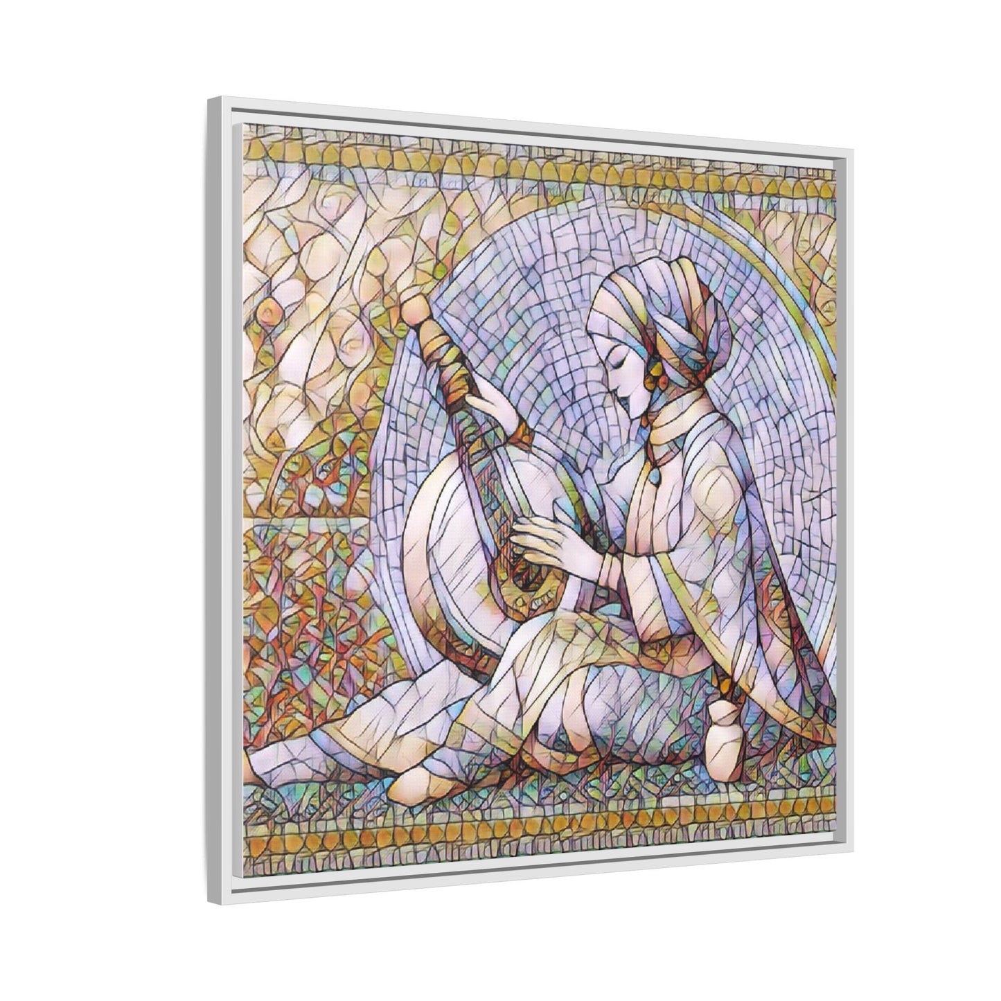 Framed Matte Canvas: Mosaic Lute Player Wall Art — Bohemian Musical Portrait