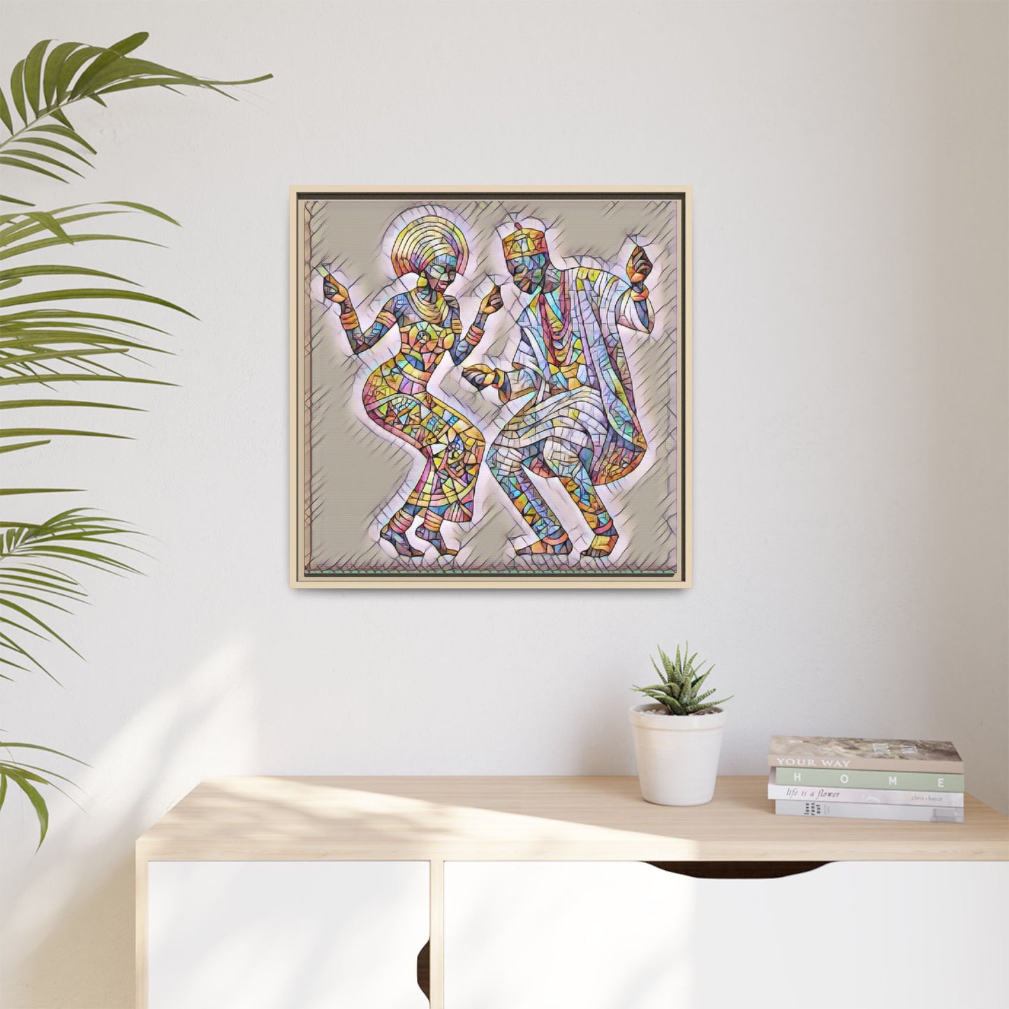 Afrobeat Dancers Framed Canvas Art — Colorful Mosaic African Dance Print