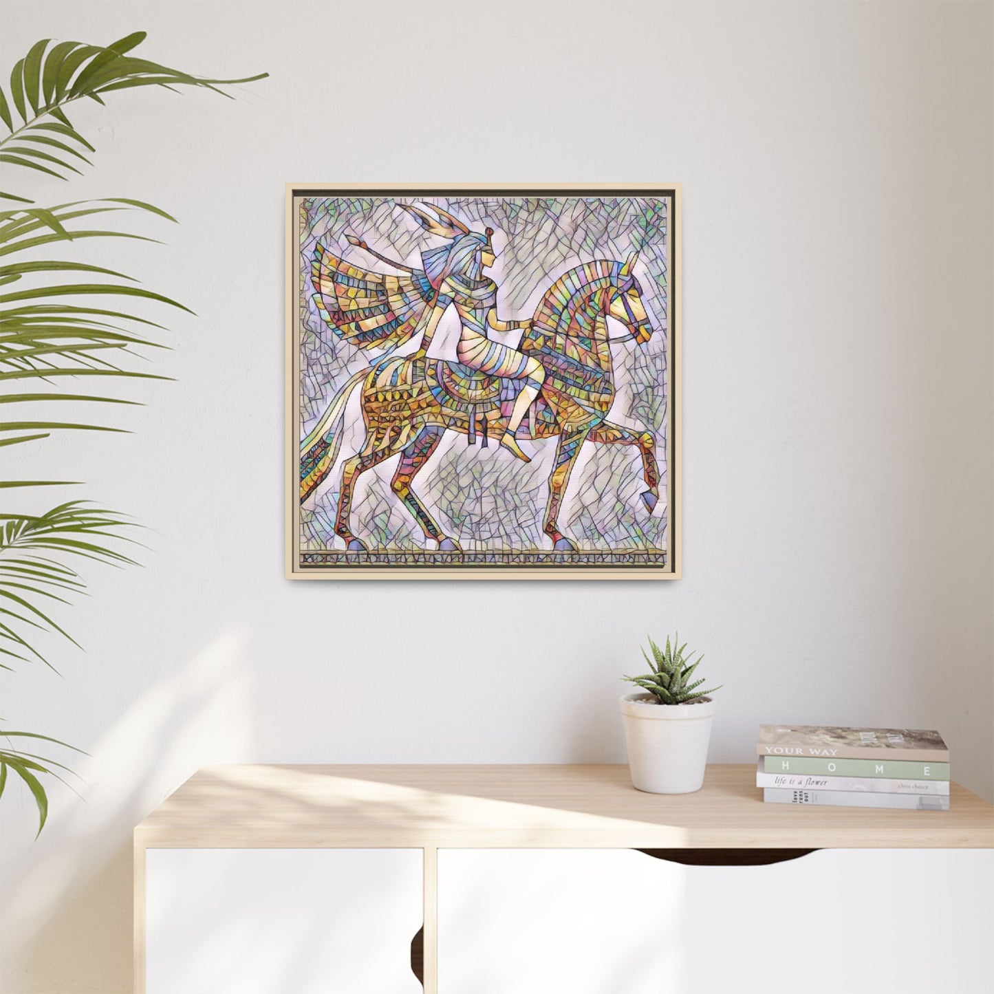 Stained-Glass Style Egyptian Horseman Framed Canvas Print