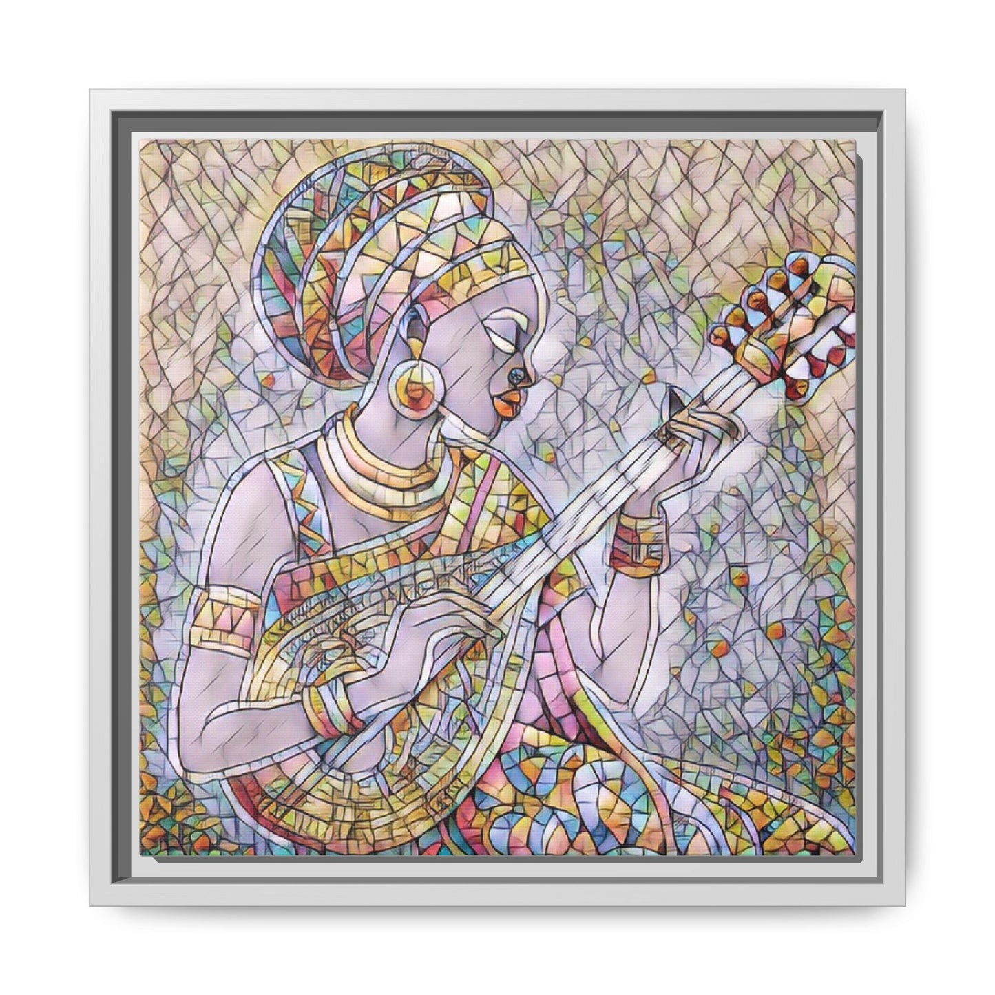 Framed Canvas Art — Colorful African Woman Playing Lute (Matte Multi‑Color)