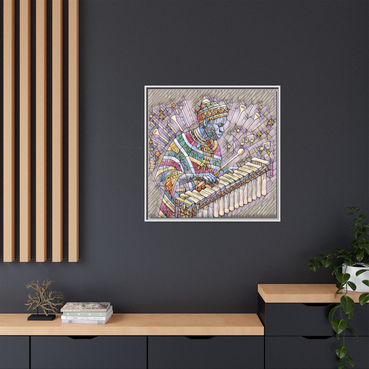 Colorful Marimba Musician Matte Framed Canvas — Vibrant African Instrument Wall Art