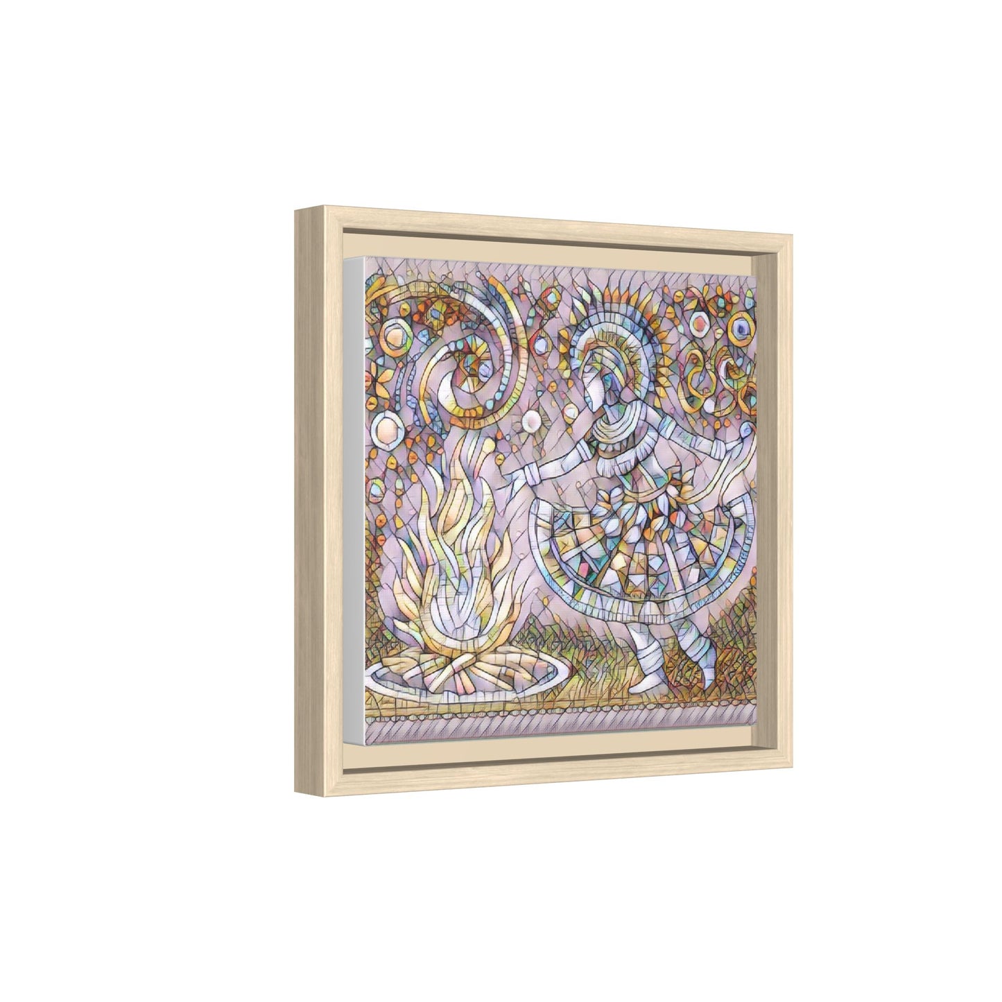 Bohemian Fire Dancer Framed Canvas Art — Colorful Folk Mosaic Wall Decor
