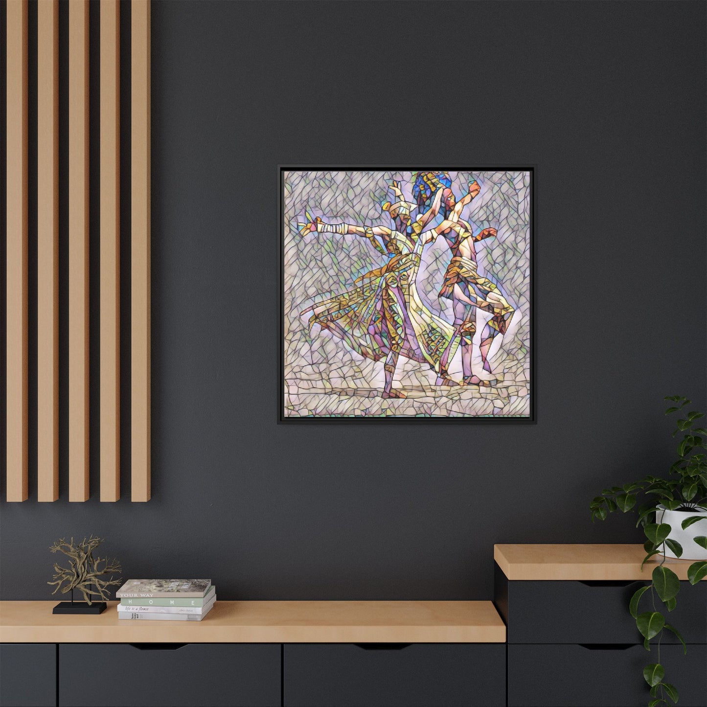 Framed Matte Canvas Wall Art — Abstract Dancers in Stained Glass Style