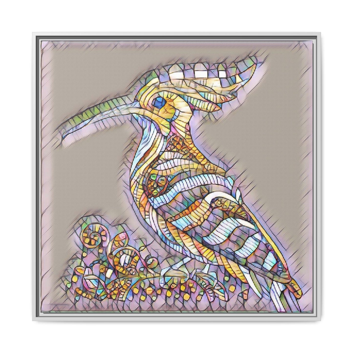 Colorful Mosaic Bird Framed Canvas Art — Whimsical Hoopoe Wall Decor