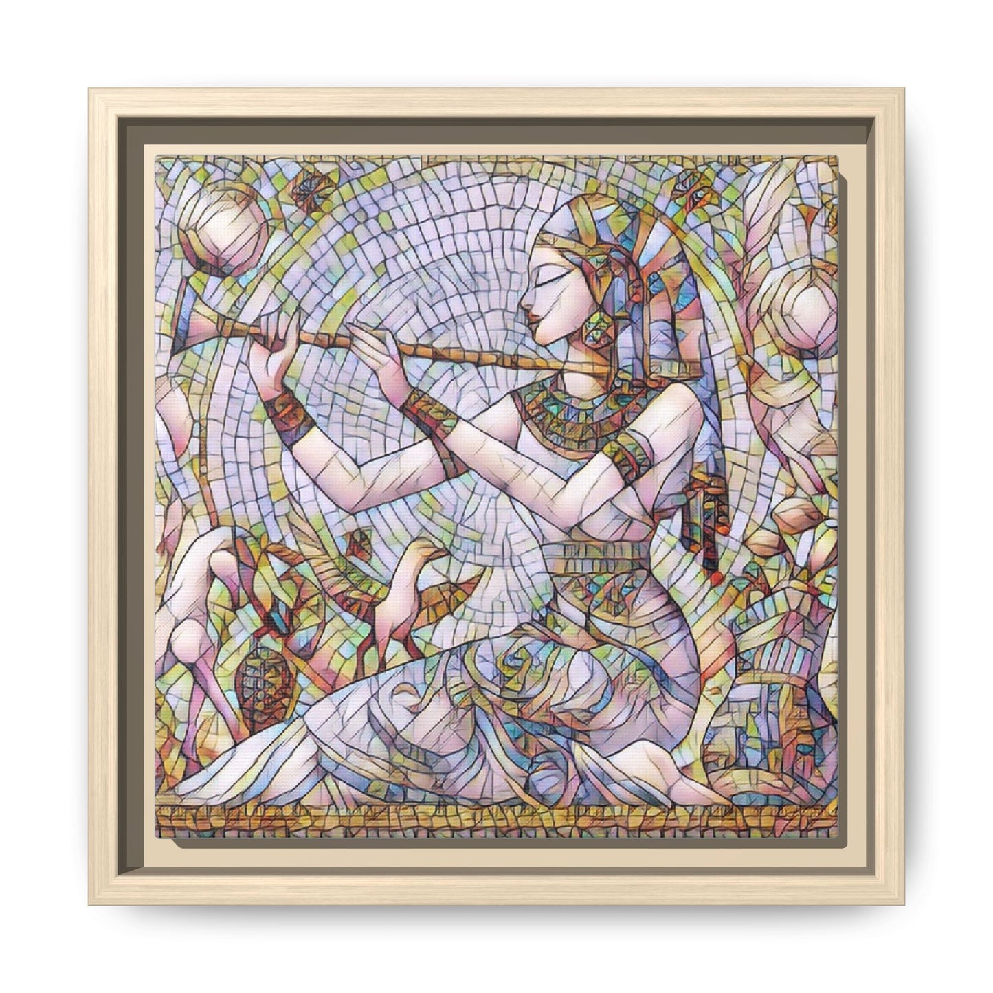 Egyptian Flute Player Framed Canvas Art — Colorful Mosaic Wall Decor