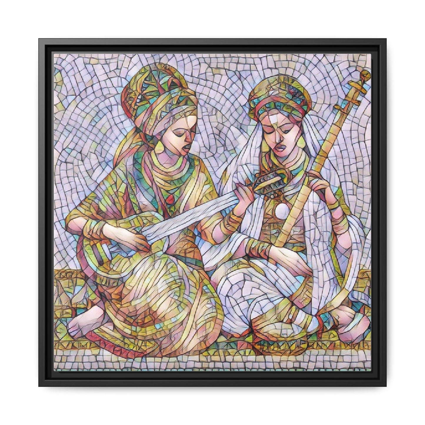 Framed Mosaic Art Print — Two Women Playing Lutes (Matte Canvas)