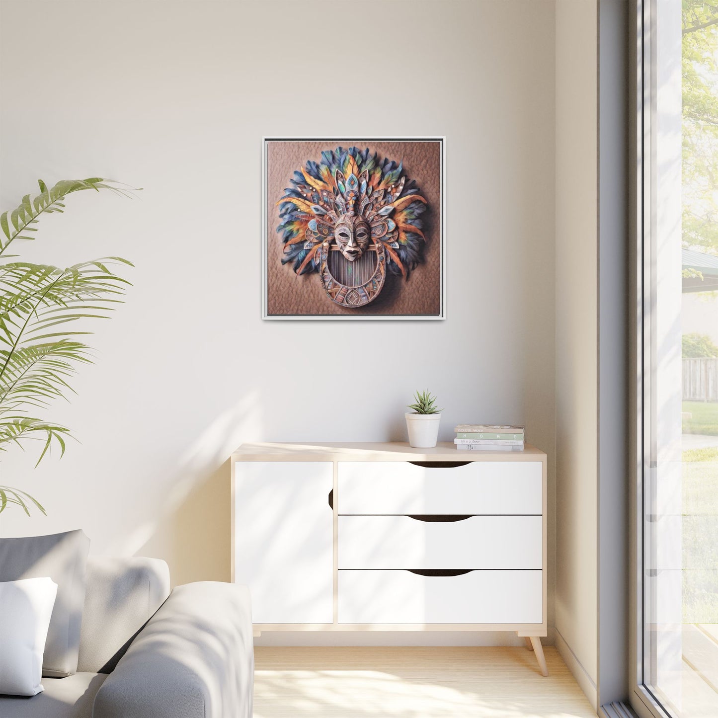 Tribal Feather Mask Framed Canvas Wall Art — Colorful Boho Decorative Print
