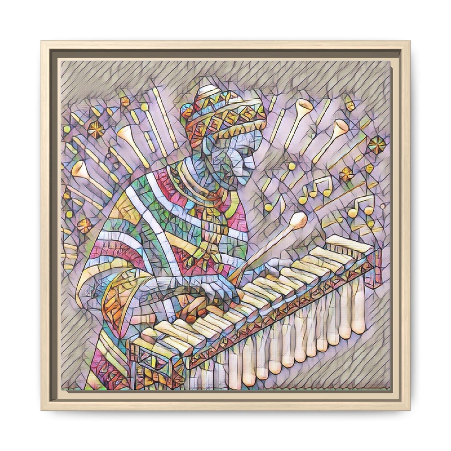 Colorful Marimba Musician Matte Framed Canvas — Vibrant African Instrument Wall Art