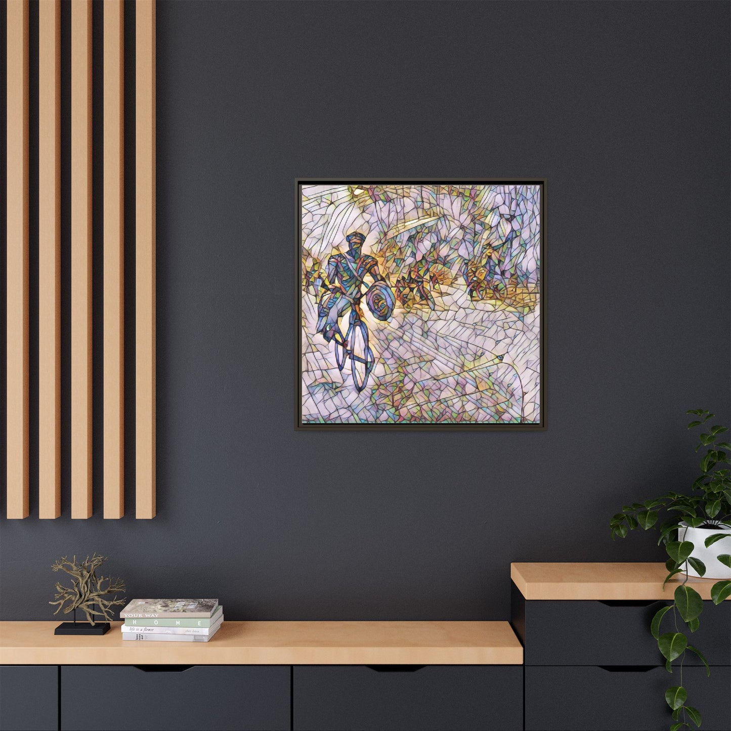 Cyclist Mosaic Matte Canvas Framed Wall Art — Colorful Biking Scene