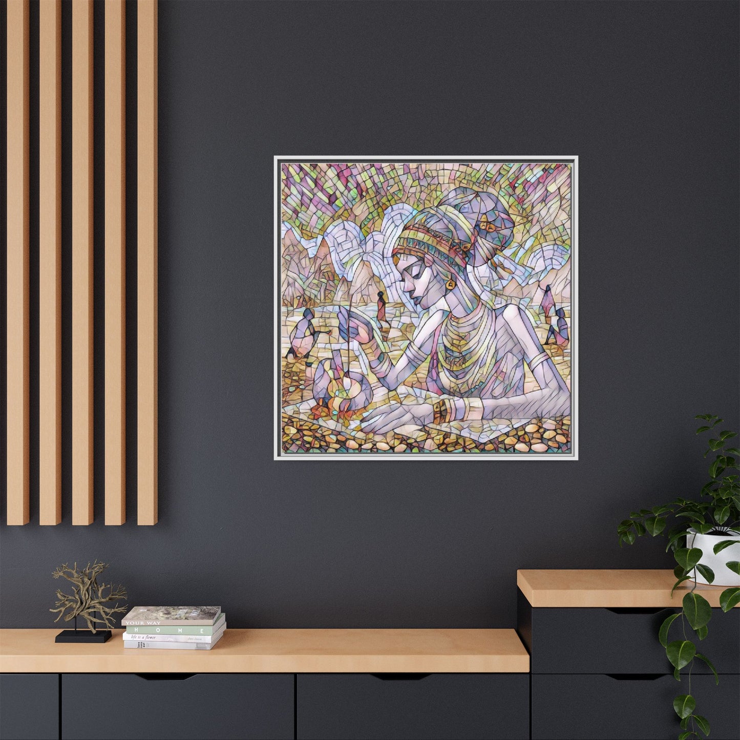 Framed Matte Canvas Art — Mosaic-Inspired Egyptian Woman Illustration