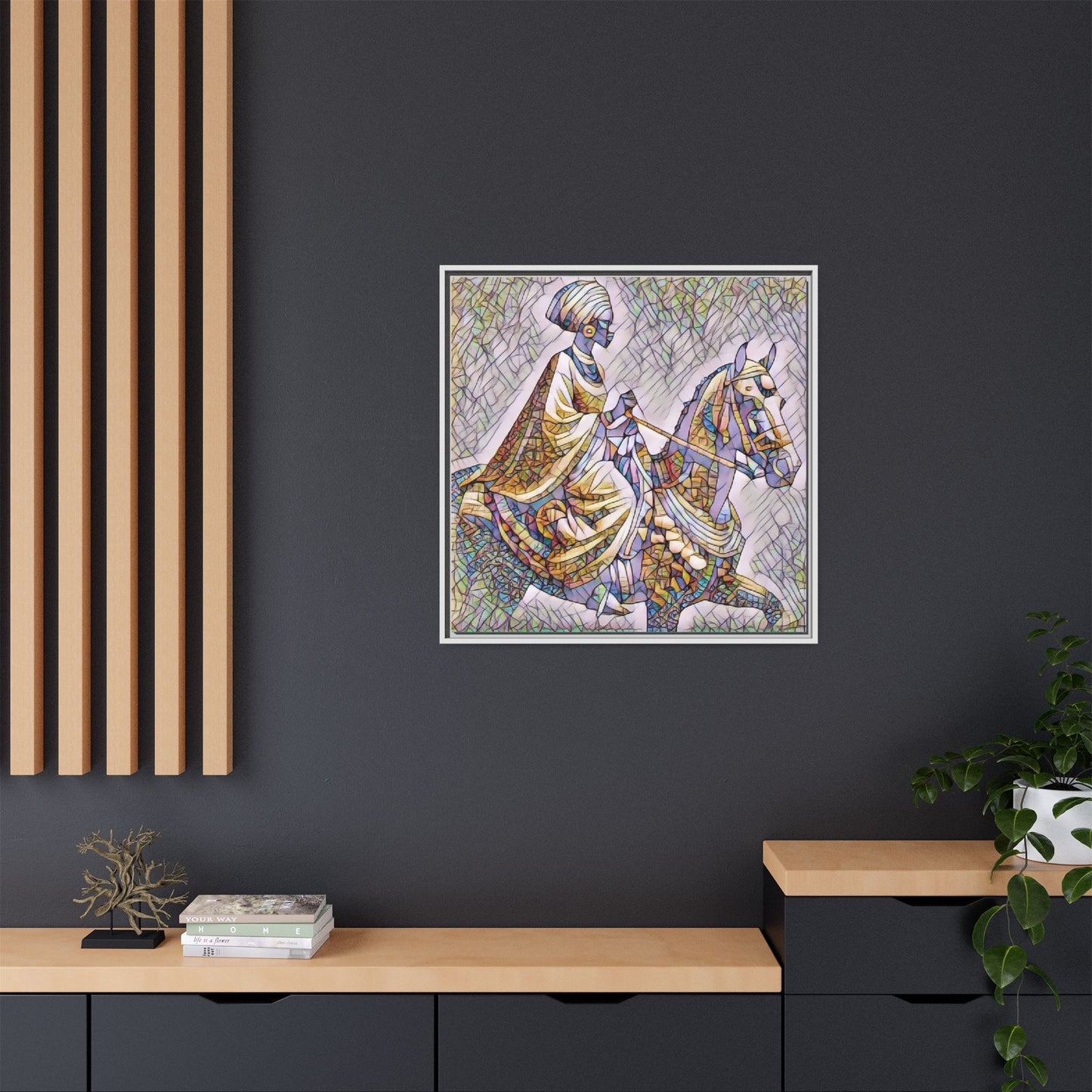 Mosaic Rider Framed Canvas Art — African Horsewoman Wall Decor