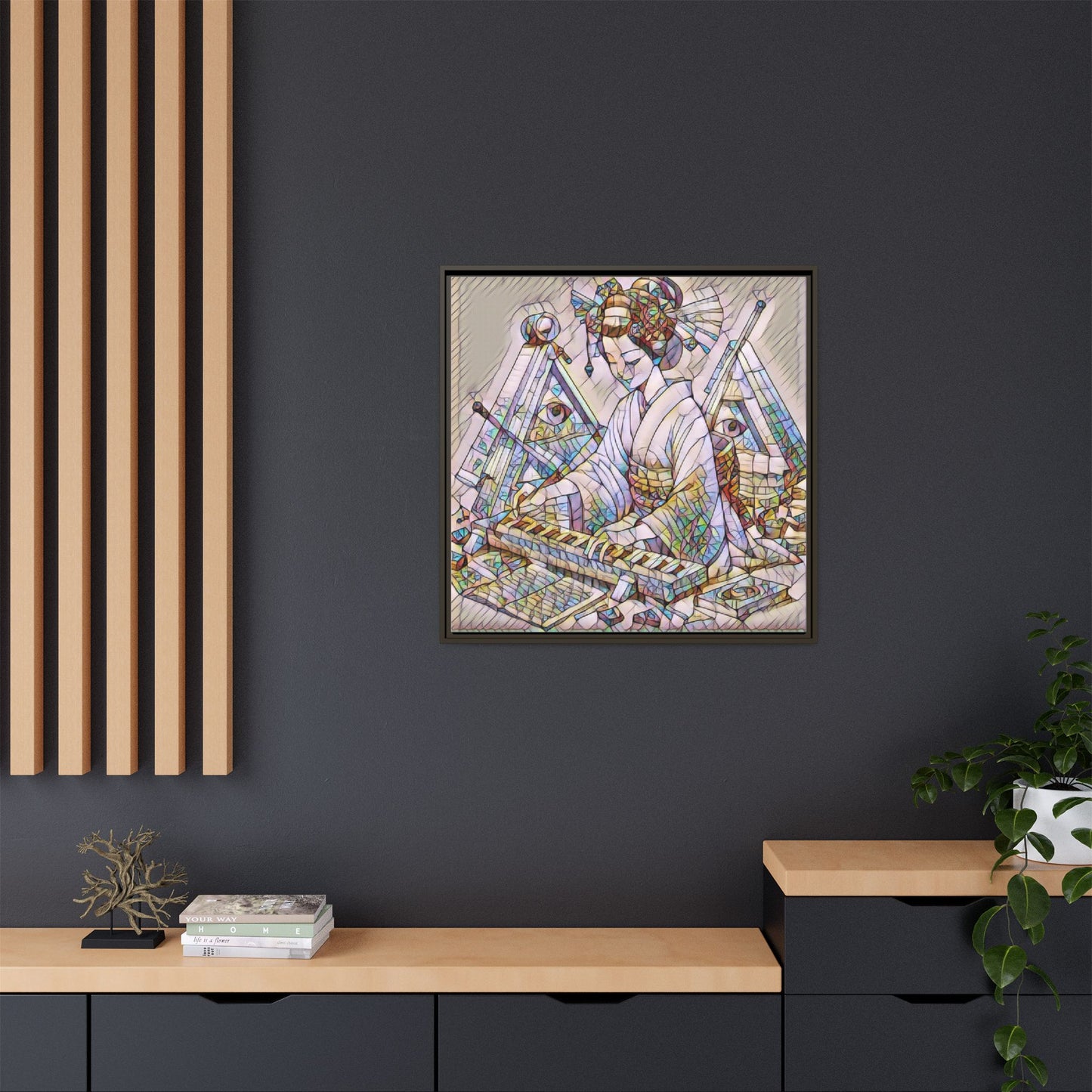 Framed Matte Canvas: Stained-Glass Geisha Wall Art