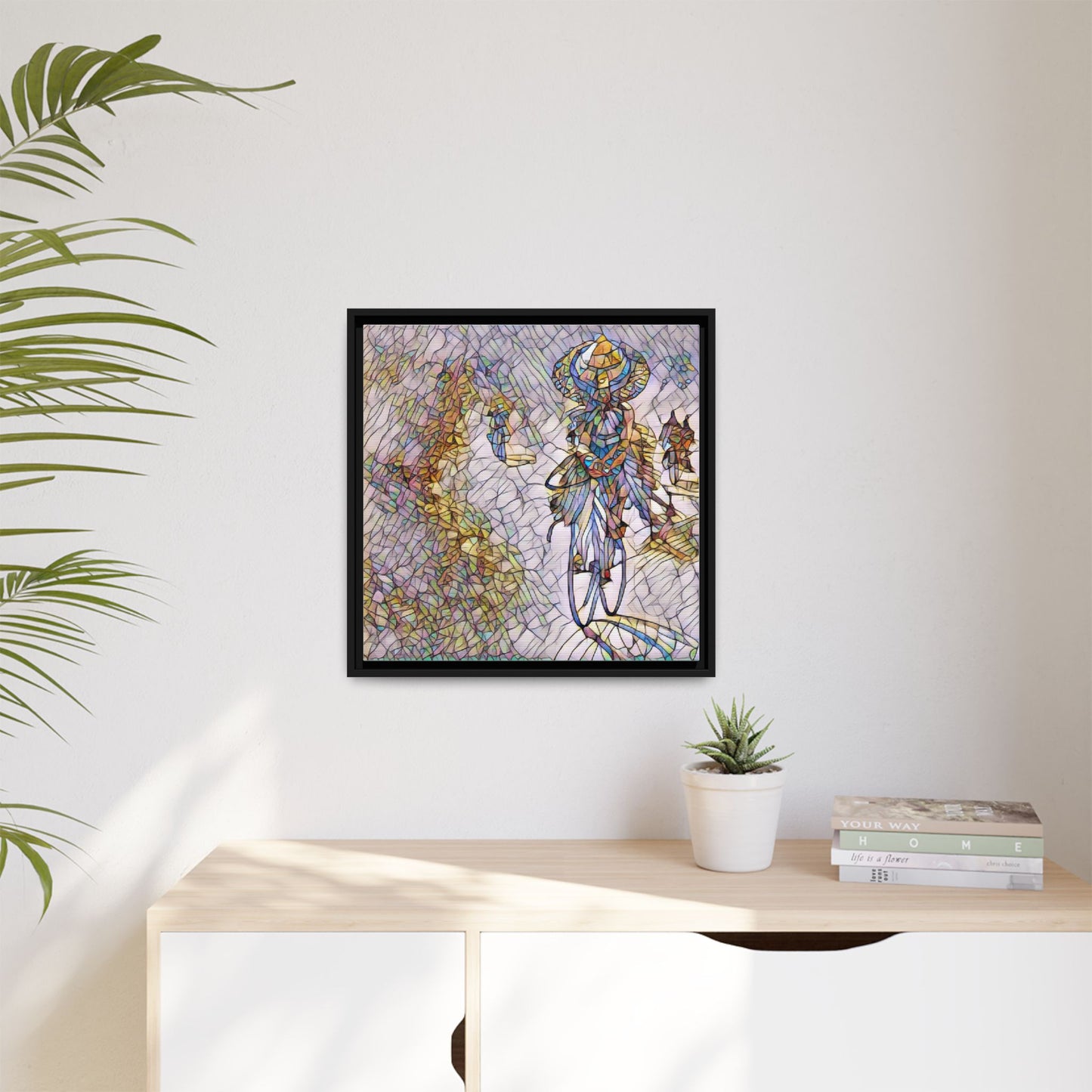 Abstract Cyclist Stained-Glass Art Print — Framed Matte Canvas