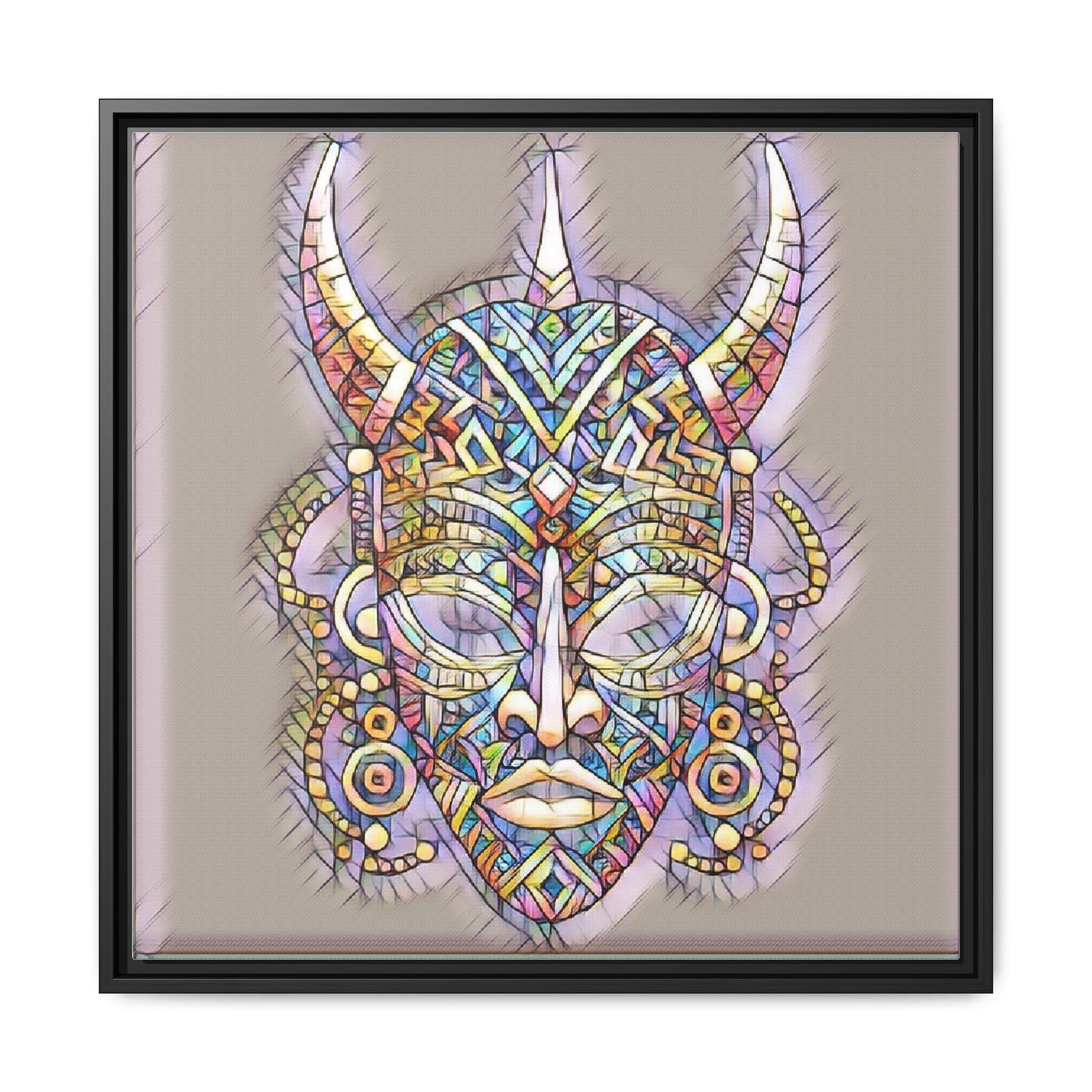 Colorful Tribal Mask Framed Canvas Art — Abstract Ethnic Wall Decor