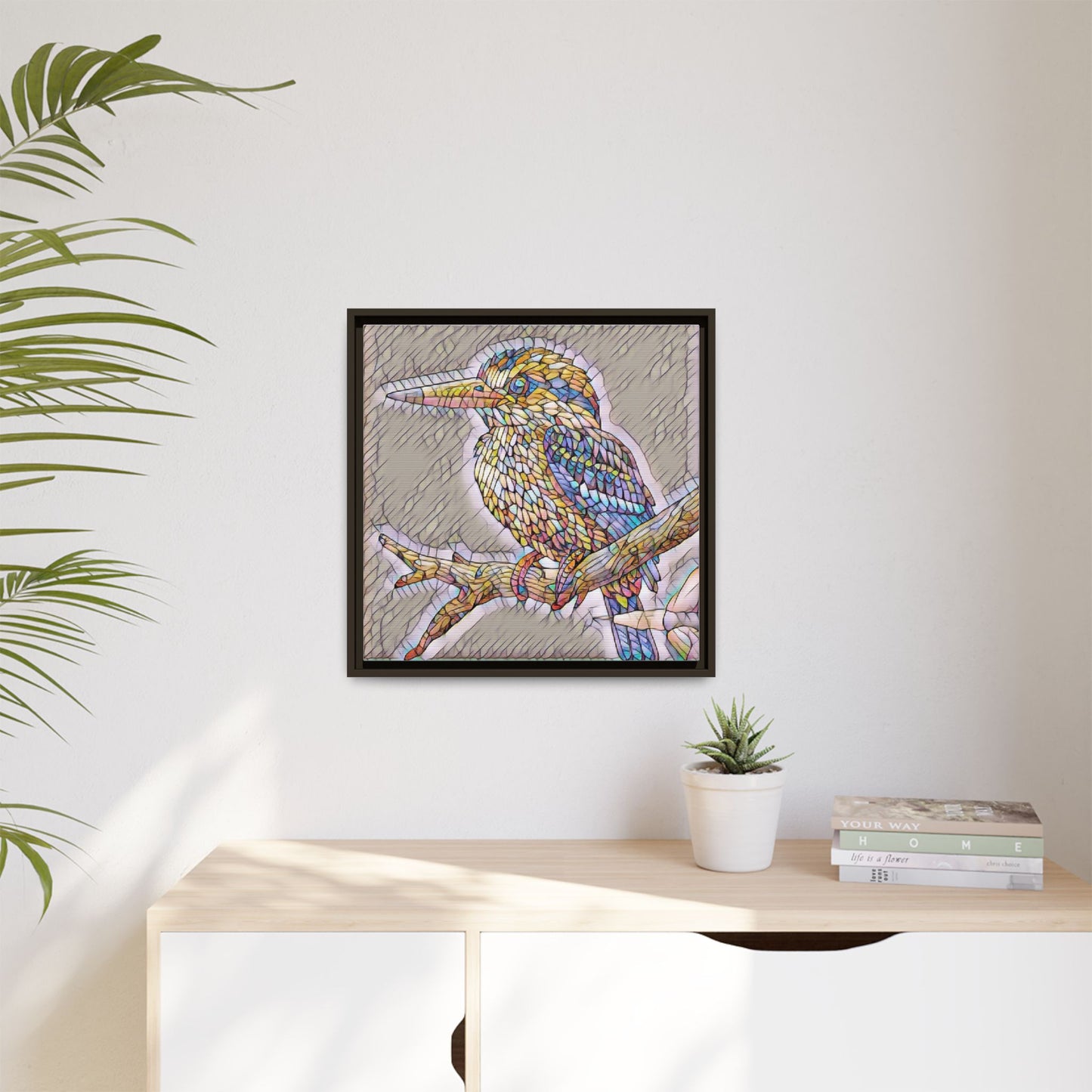 Colorful Kingfisher Framed Canvas Wall Art — Stained-Glass Style Bird Print