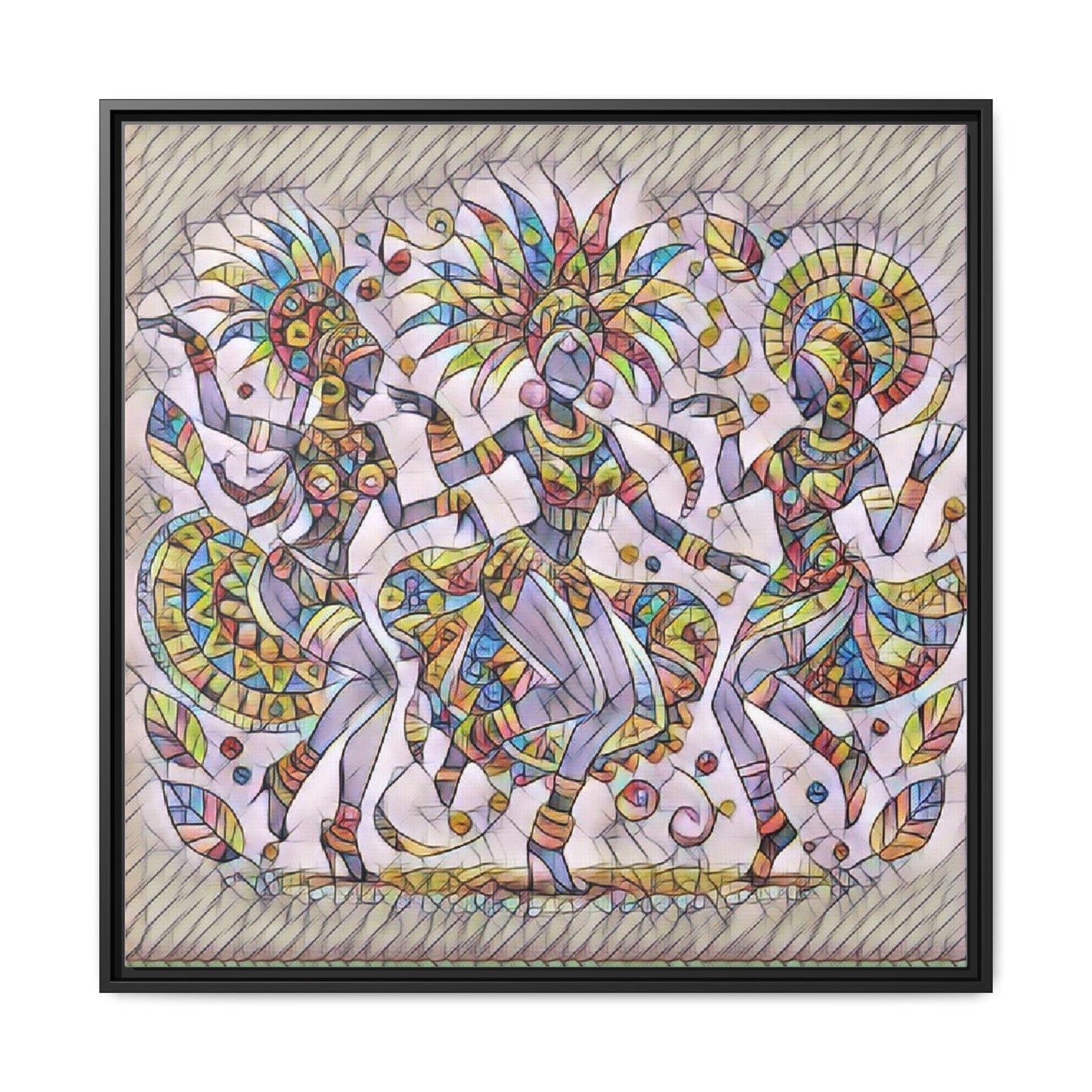 Colorful Carnival Dancers Framed Canvas Art — Multicolor Tribal Celebration Print