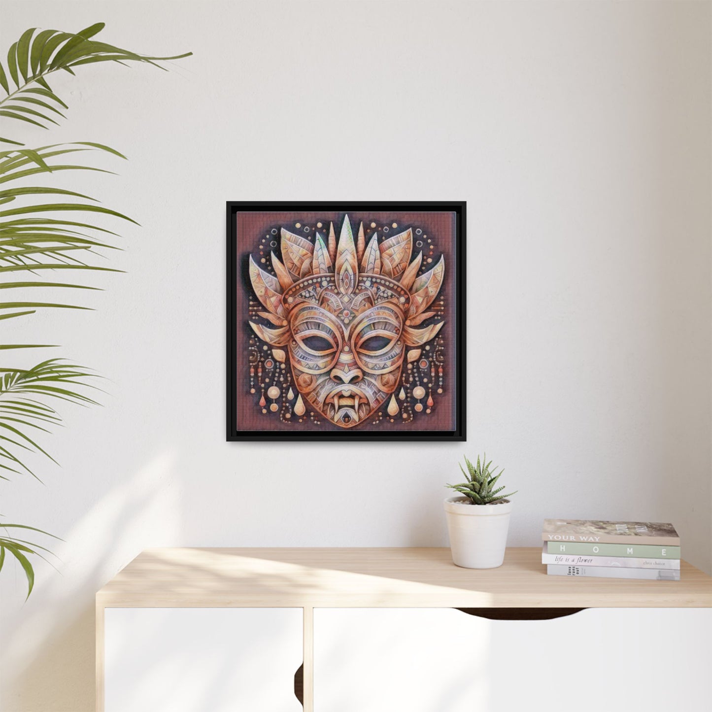 Tribal Sun Mask Framed Canvas Art — Boho Ethnic Wall Decor