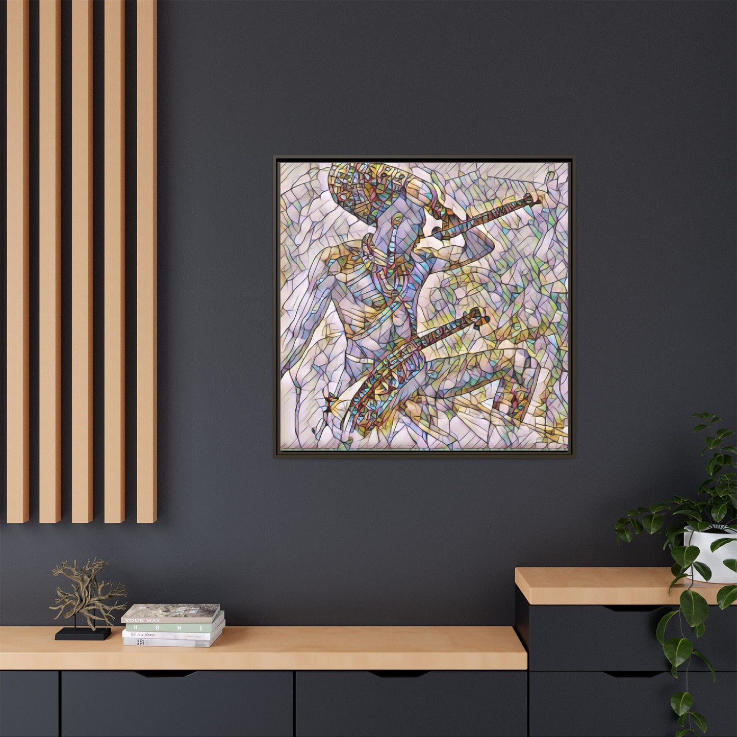 Stained Glass Blue Musician — Framed Matte Canvas Art