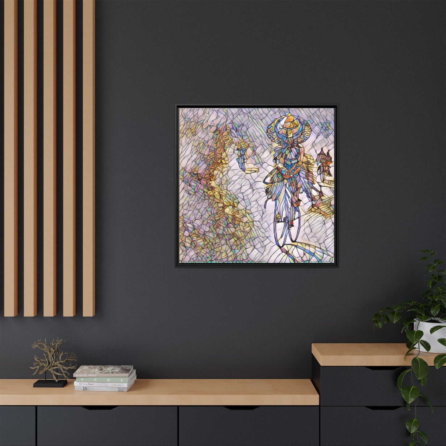 Abstract Cyclist Stained-Glass Art Print — Framed Matte Canvas