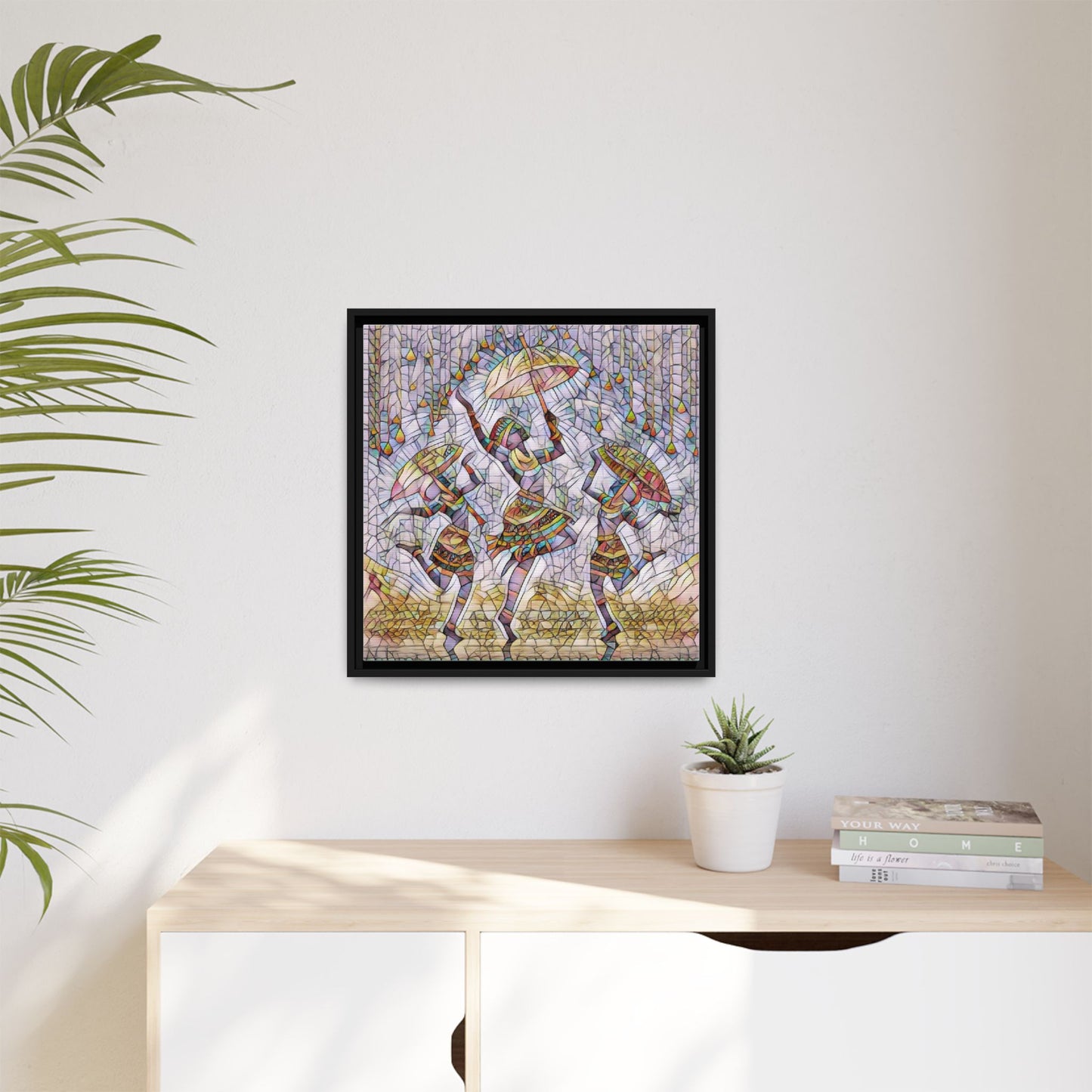 Colorful African Dance Framed Canvas Art — Umbrella Dancers Wall Decor