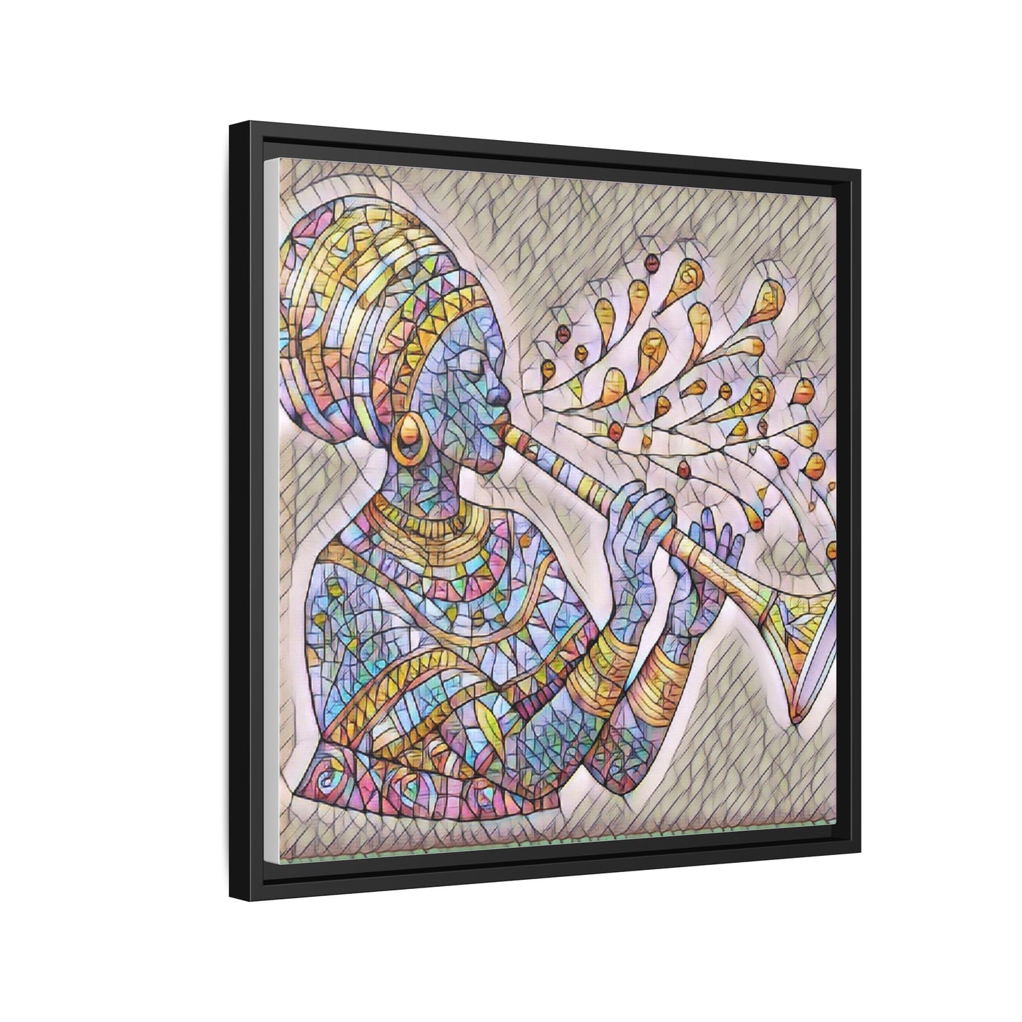 Framed Matte Canvas Art – Colorful African Musician Trumpet Print