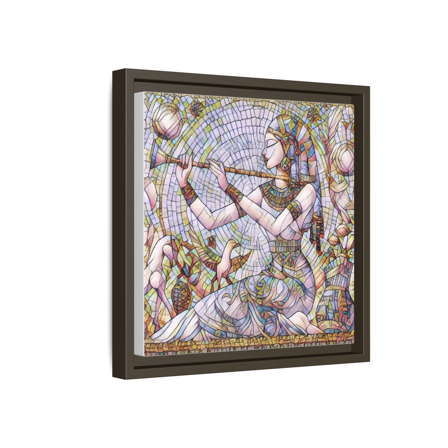 Egyptian Flute Player Framed Canvas Art — Colorful Mosaic Wall Decor