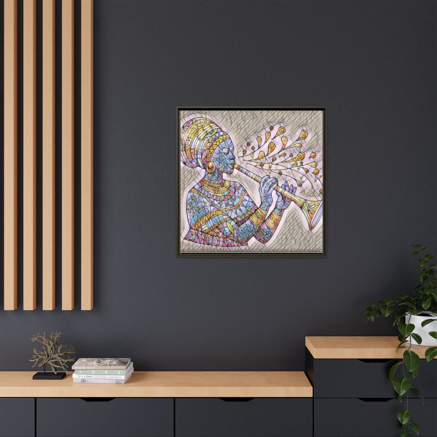 Framed Matte Canvas Art – Colorful African Musician Trumpet Print