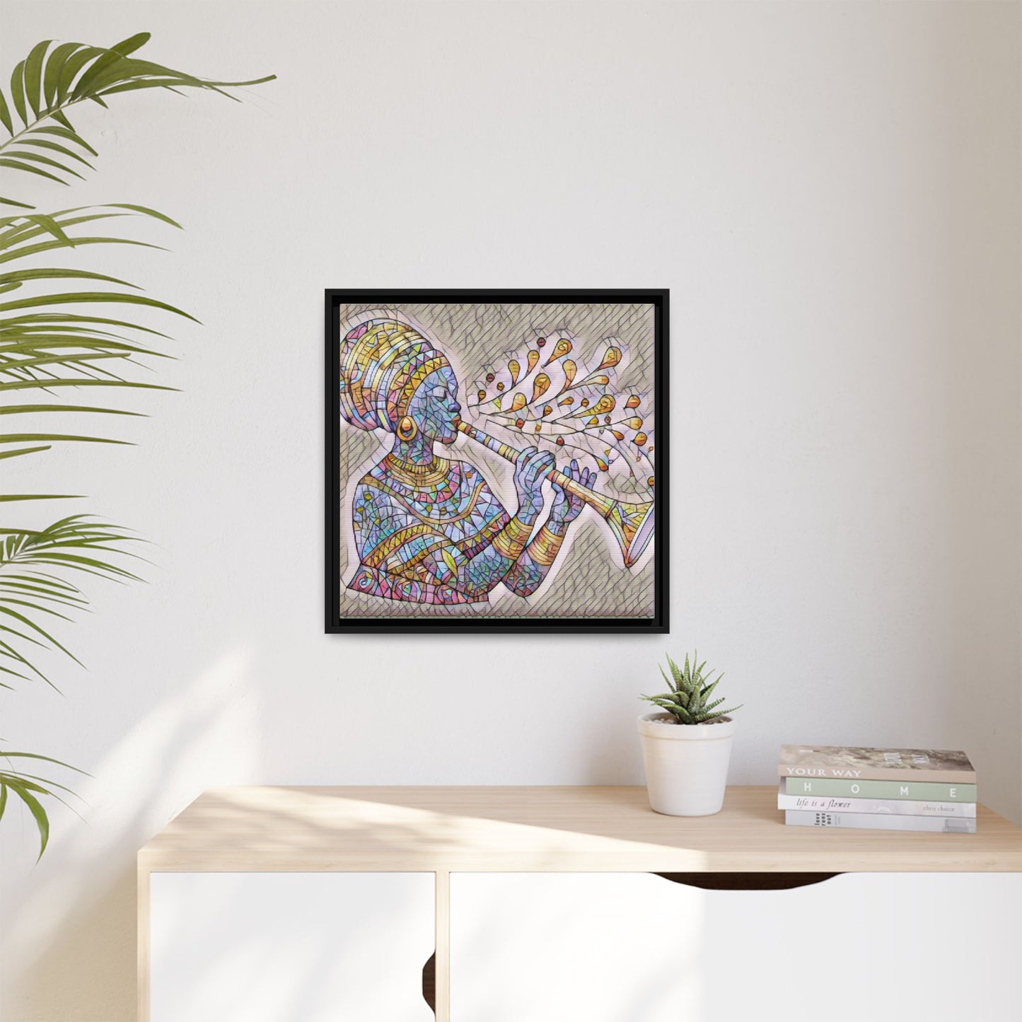 Framed Matte Canvas Art – Colorful African Musician Trumpet Print