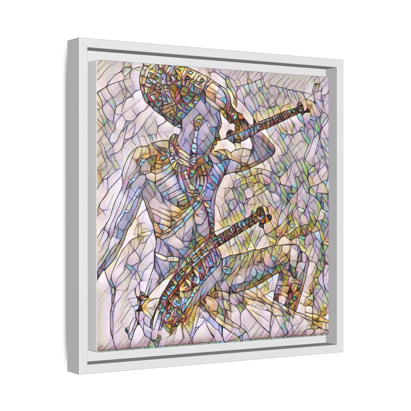 Stained Glass Blue Musician — Framed Matte Canvas Art