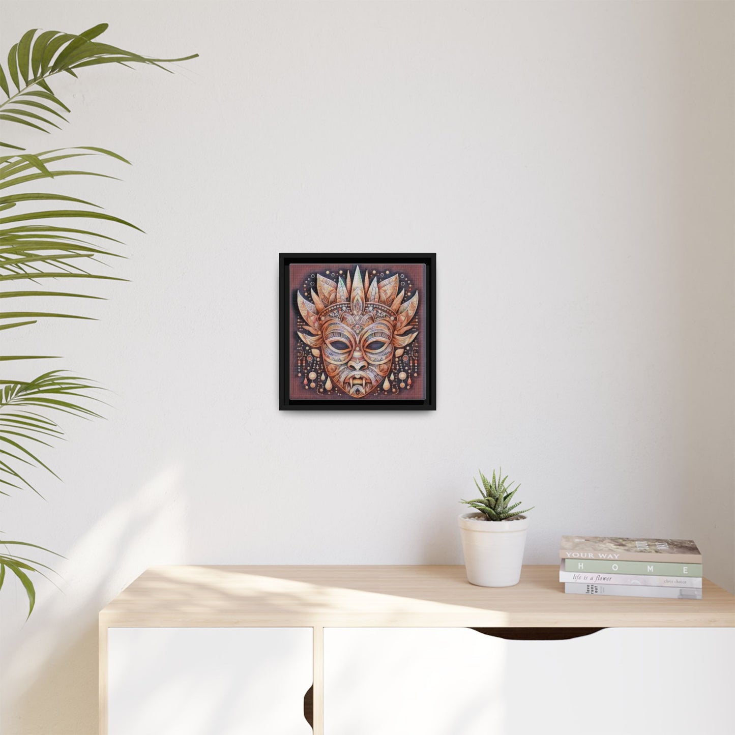 Tribal Sun Mask Framed Canvas Art — Boho Ethnic Wall Decor