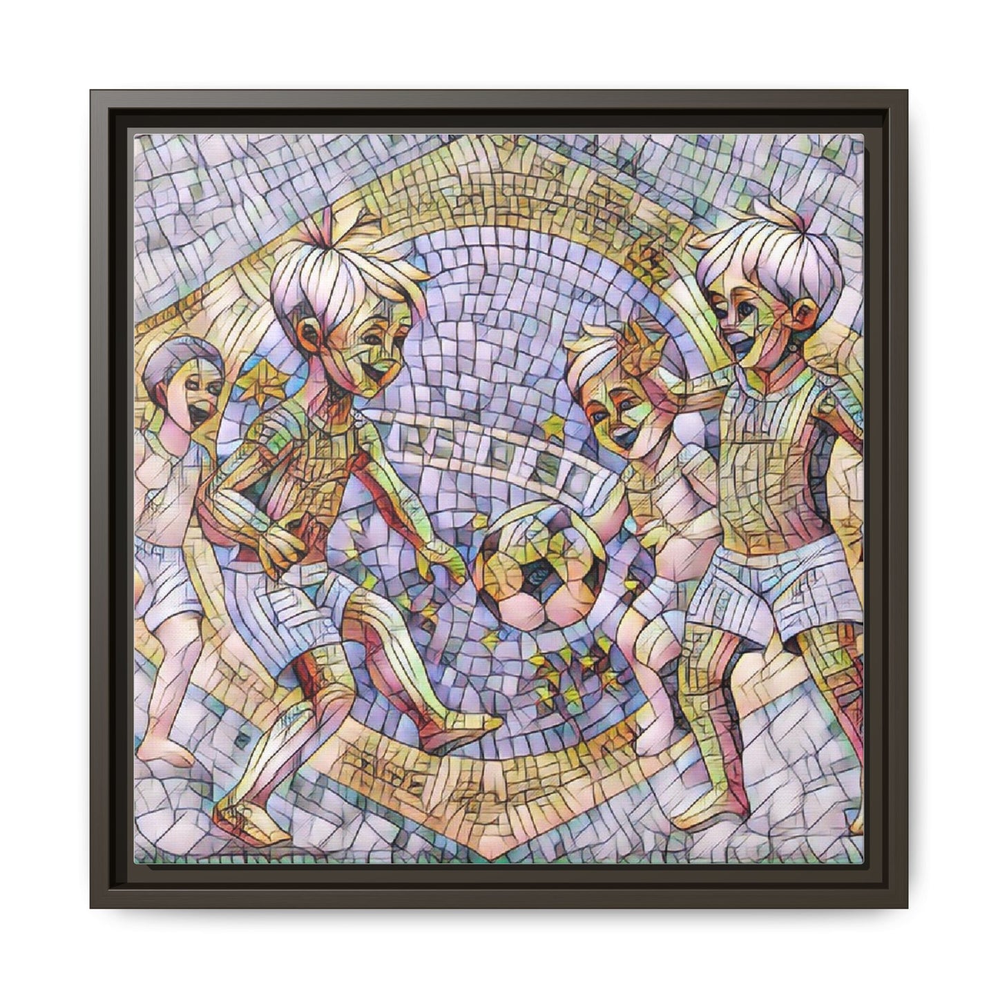 Framed Matte Canvas – Vintage Mosaic Kids Playing Soccer Art