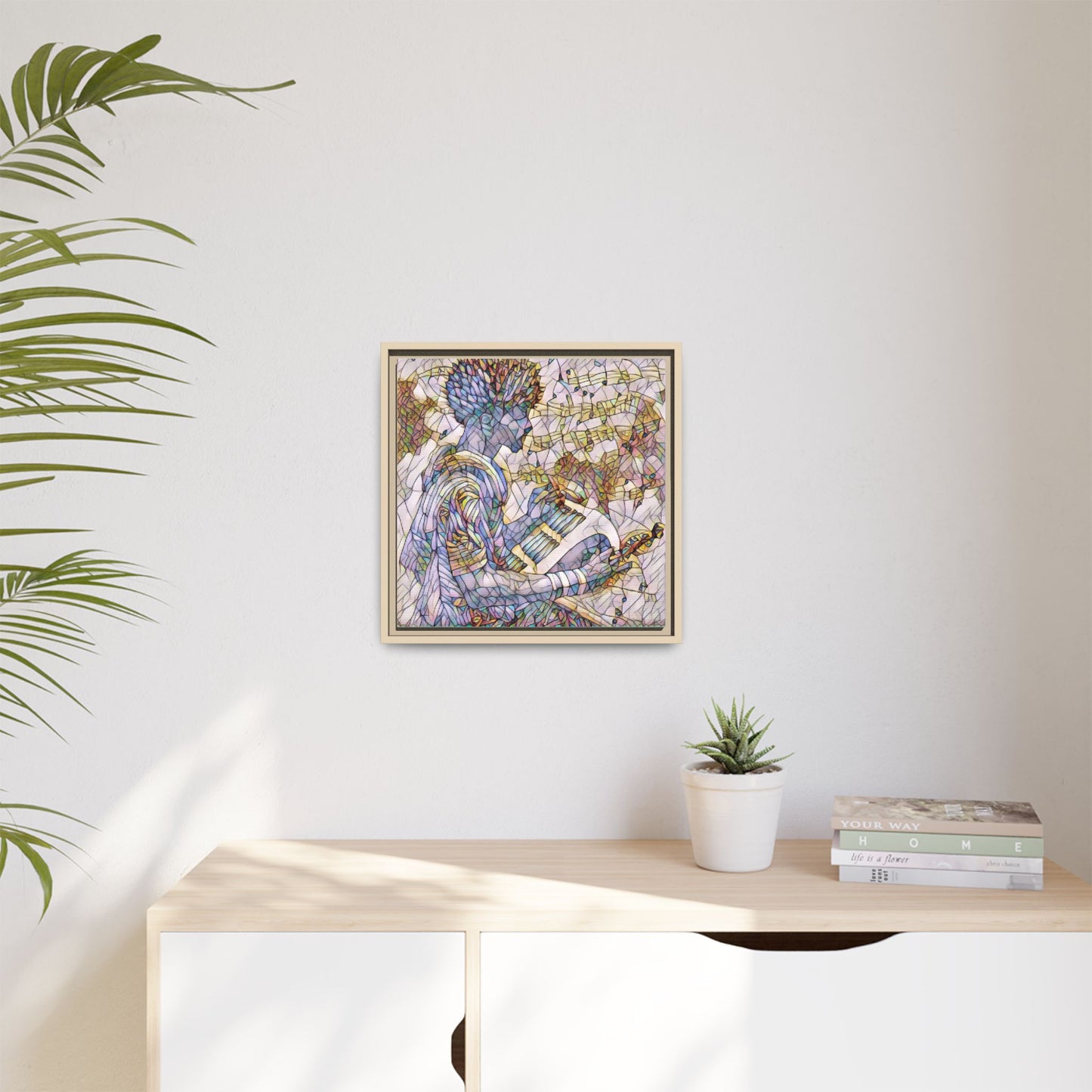 Abstract Jazz Musician Framed Canvas Art — Colorful Stained-Glass Style Wall Decor
