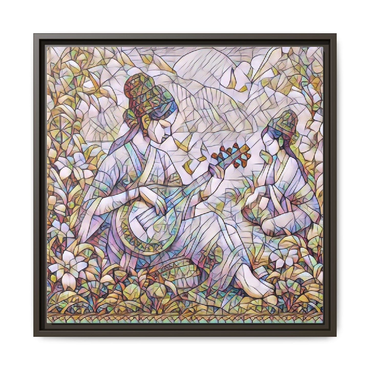 Framed Matte Canvas Art - Vintage Asian Musicians Floral Illustration