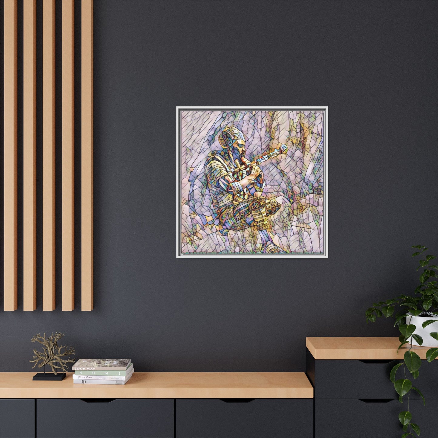 Celtic Piper Framed Matte Canvas — Stained-Glass Style Highland Bagpiper Art