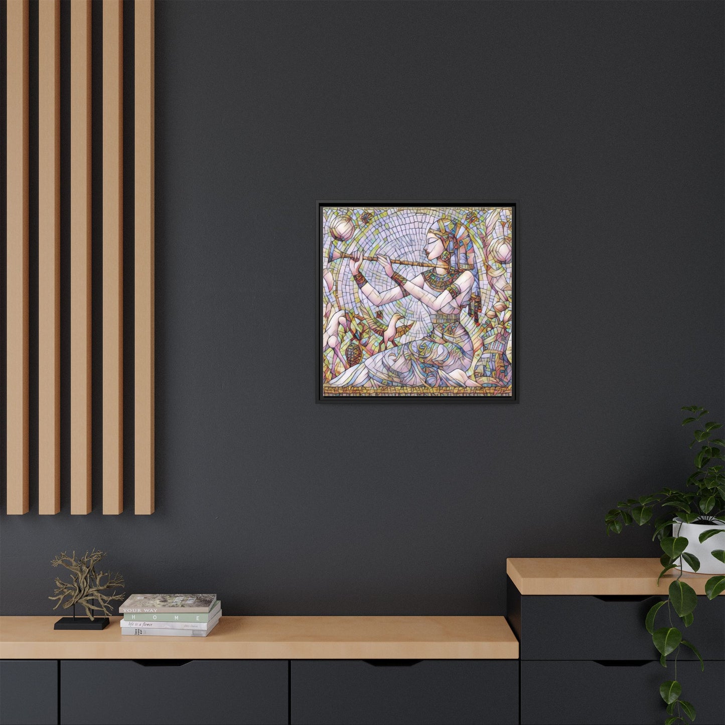 Egyptian Flute Player Framed Canvas Art — Colorful Mosaic Wall Decor