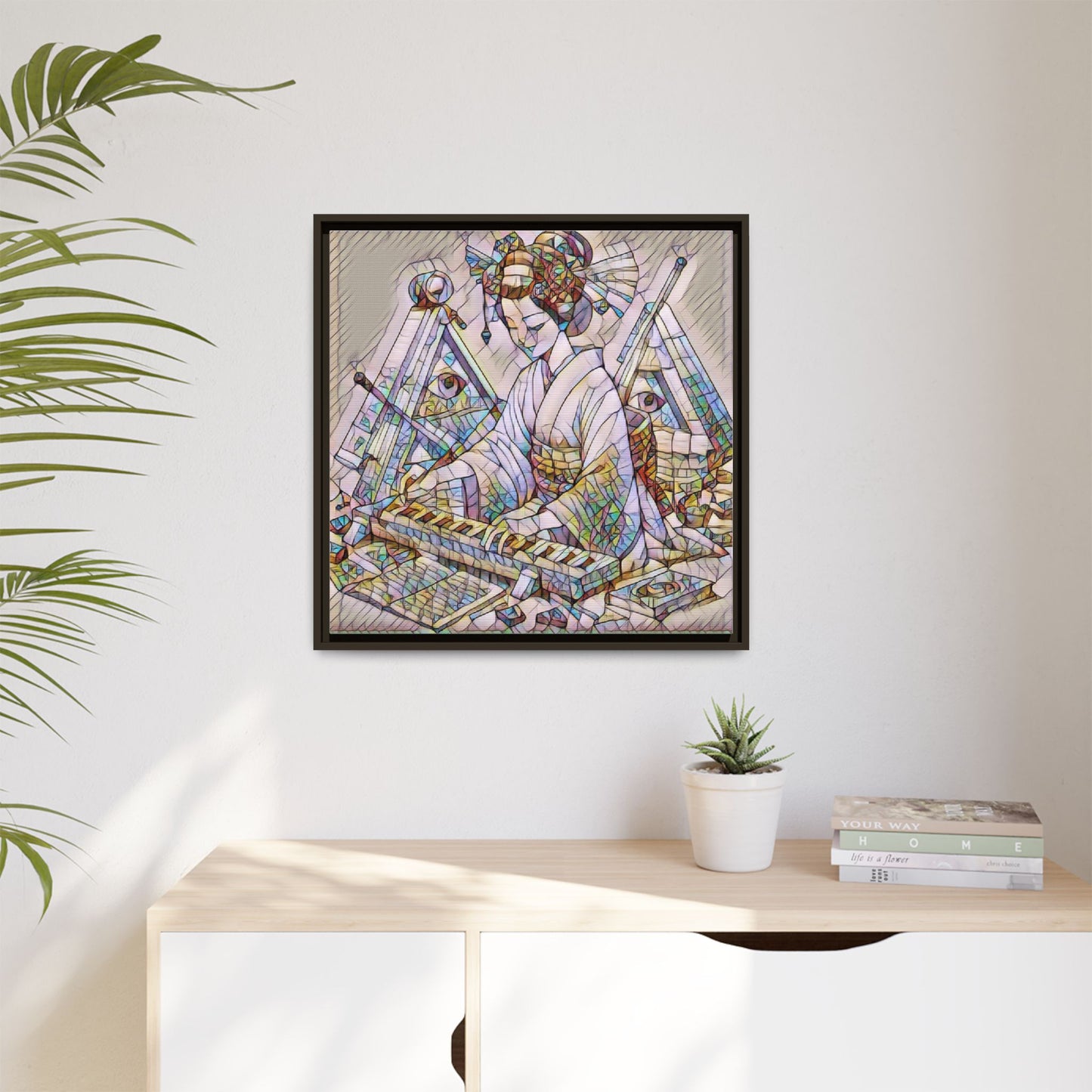 Framed Matte Canvas: Stained-Glass Geisha Wall Art