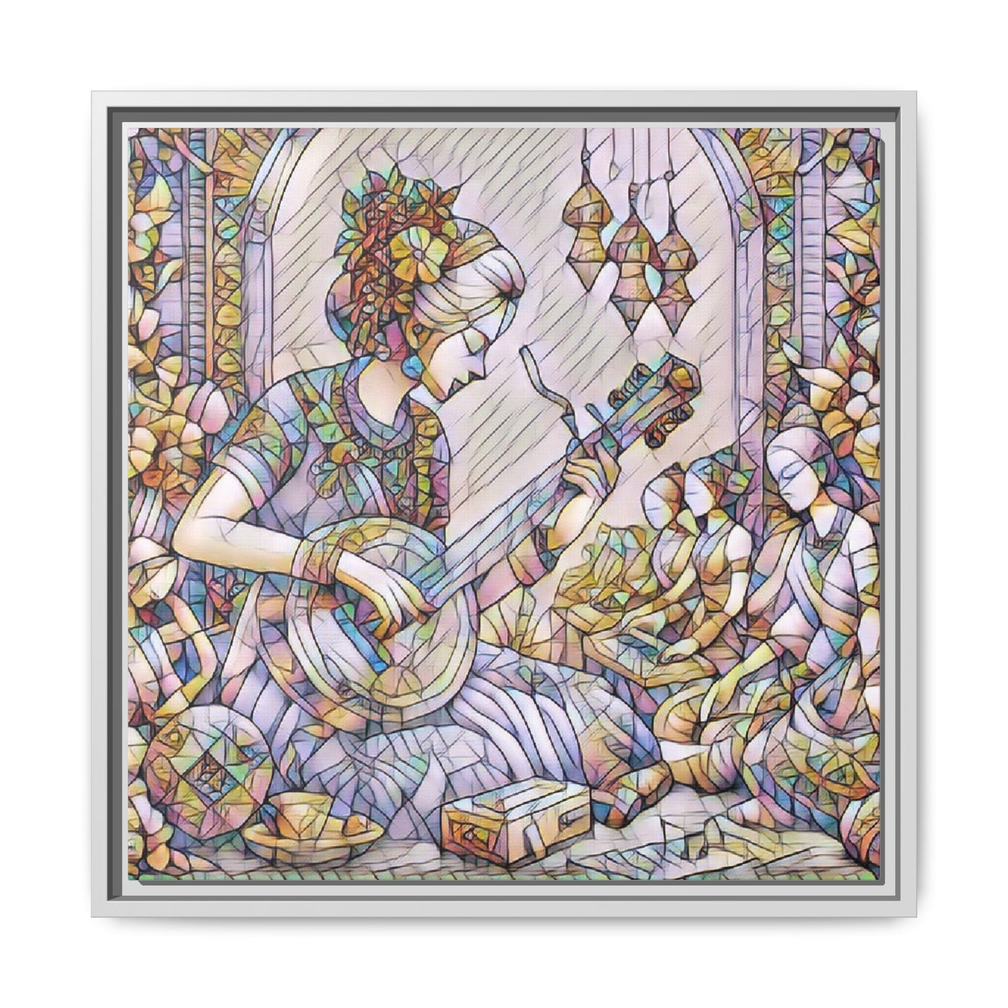 Framed Matte Canvas: Bohemian Woman Playing Lute — Stained-Glass Style Wall Art