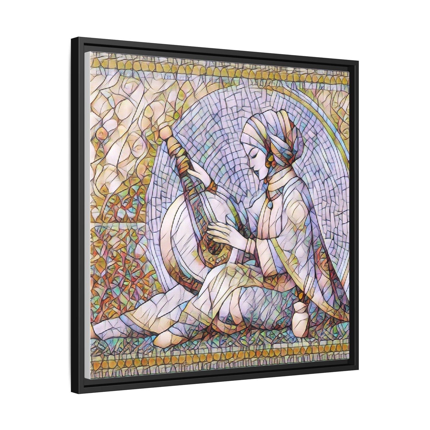 Framed Matte Canvas: Mosaic Lute Player Wall Art — Bohemian Musical Portrait