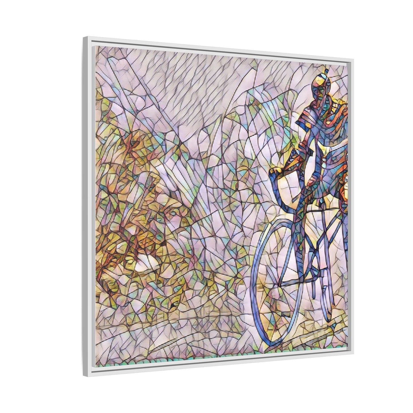 Colorful Cyclist Stained-Glass Art — Framed Matte Canvas