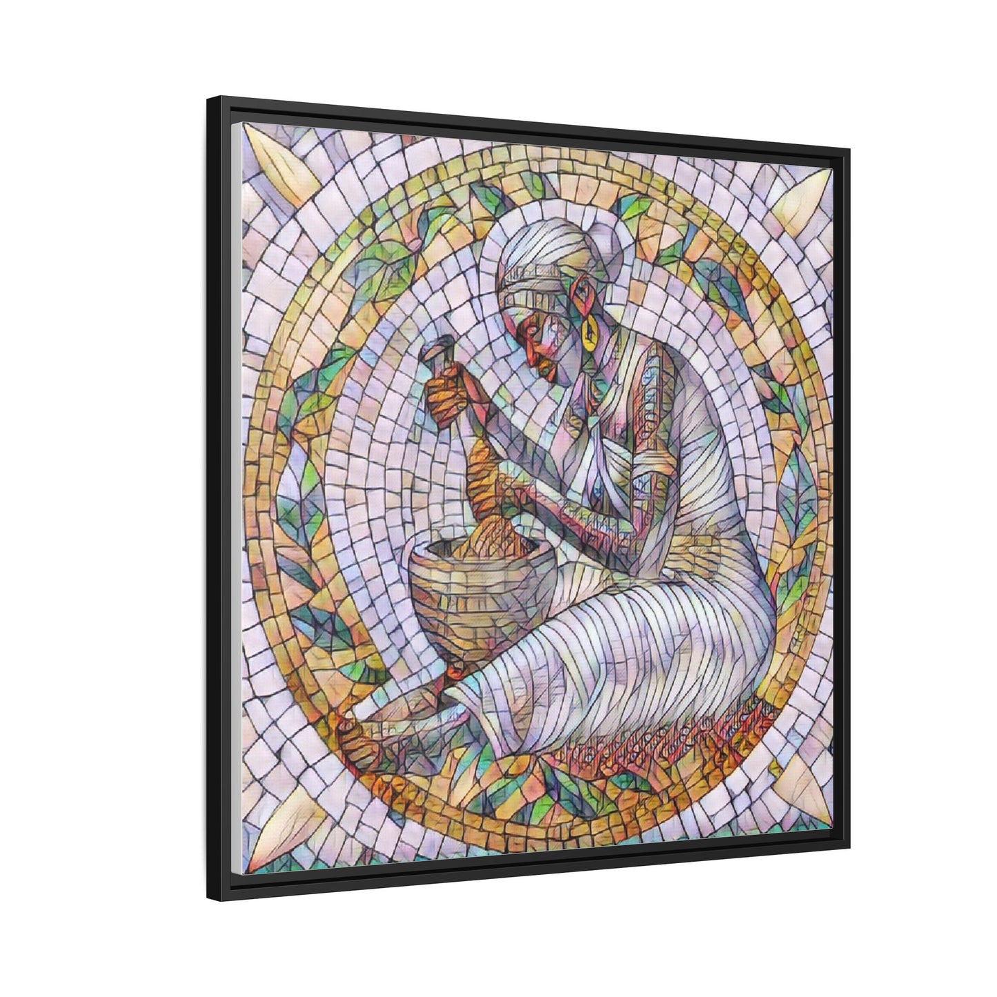 Framed Mosaic Art Print — Woman Grinding Grain (Matte Canvas)