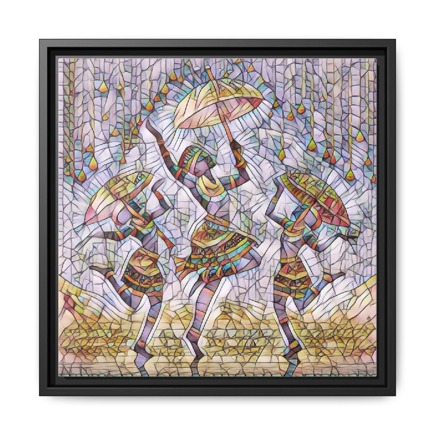 Colorful African Dance Framed Canvas Art — Umbrella Dancers Wall Decor